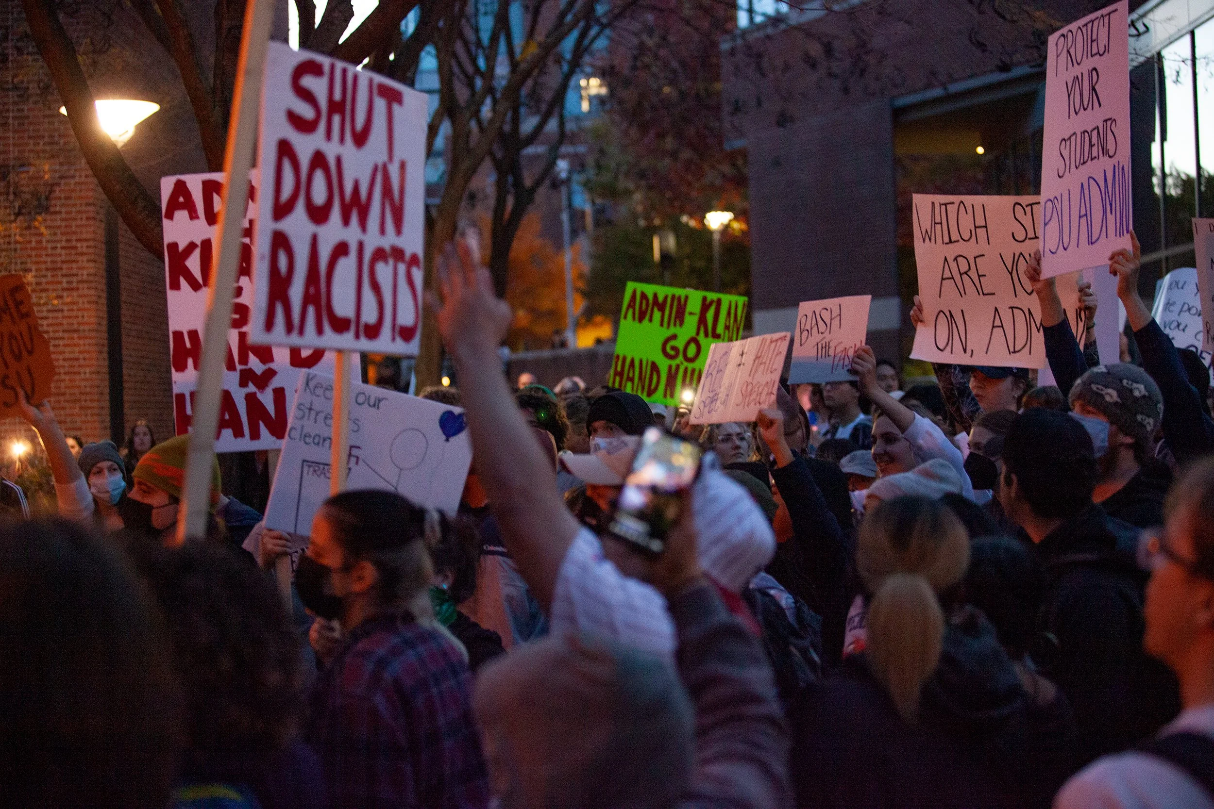 Penn State University students protesting an event sponsored by Uncensored America. The "Stand Back & Stand By" event was scheduled to host Proud Boys founder Gavin McInnes and comedian Alex Stein