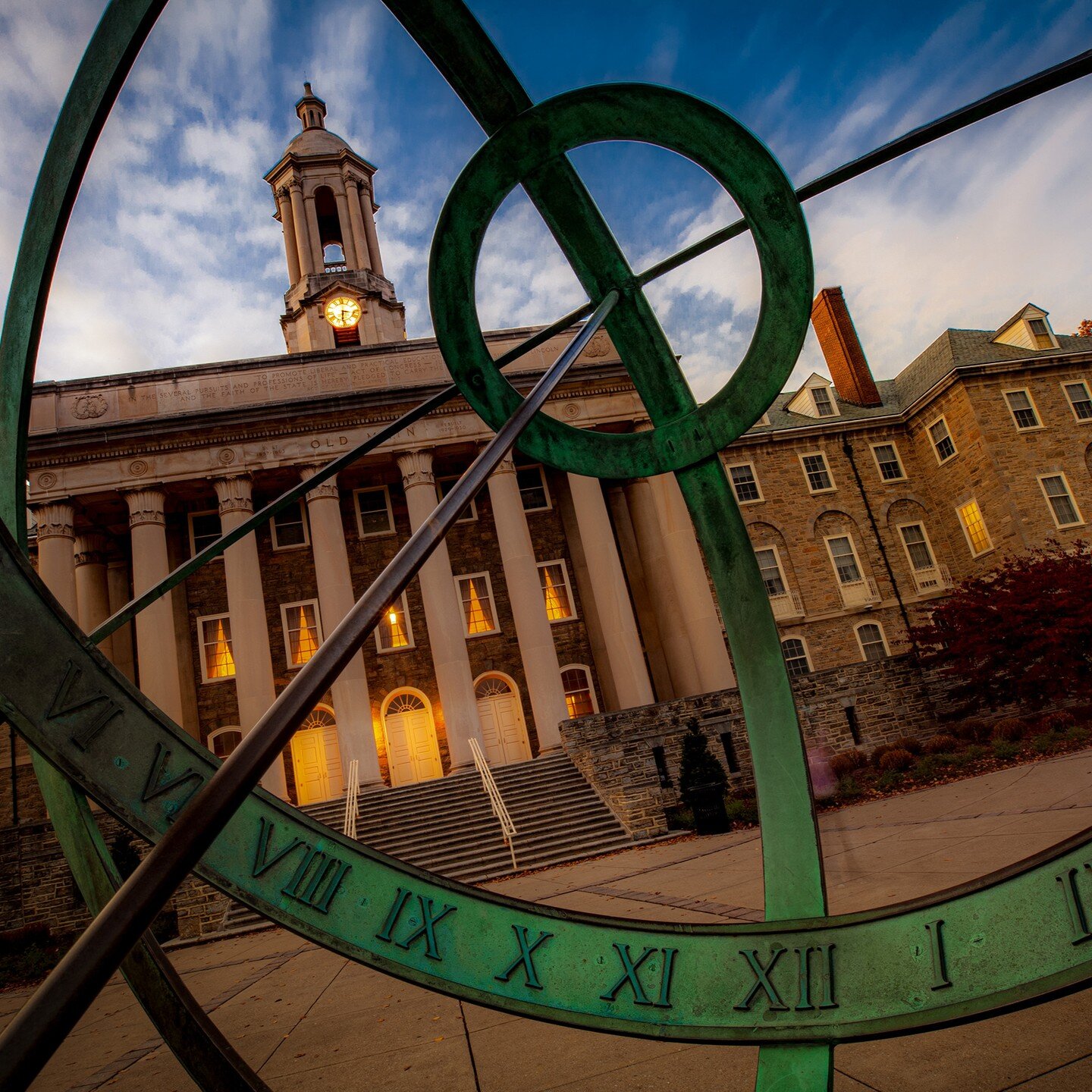The #OldMain building at #pennstate University, seen through a beautiful #armillarysphere gifted to the university by the Class of '66.

Full crop on the website.

#longexposure #photography #fallcolors #campus #statecollege #pennsylvania