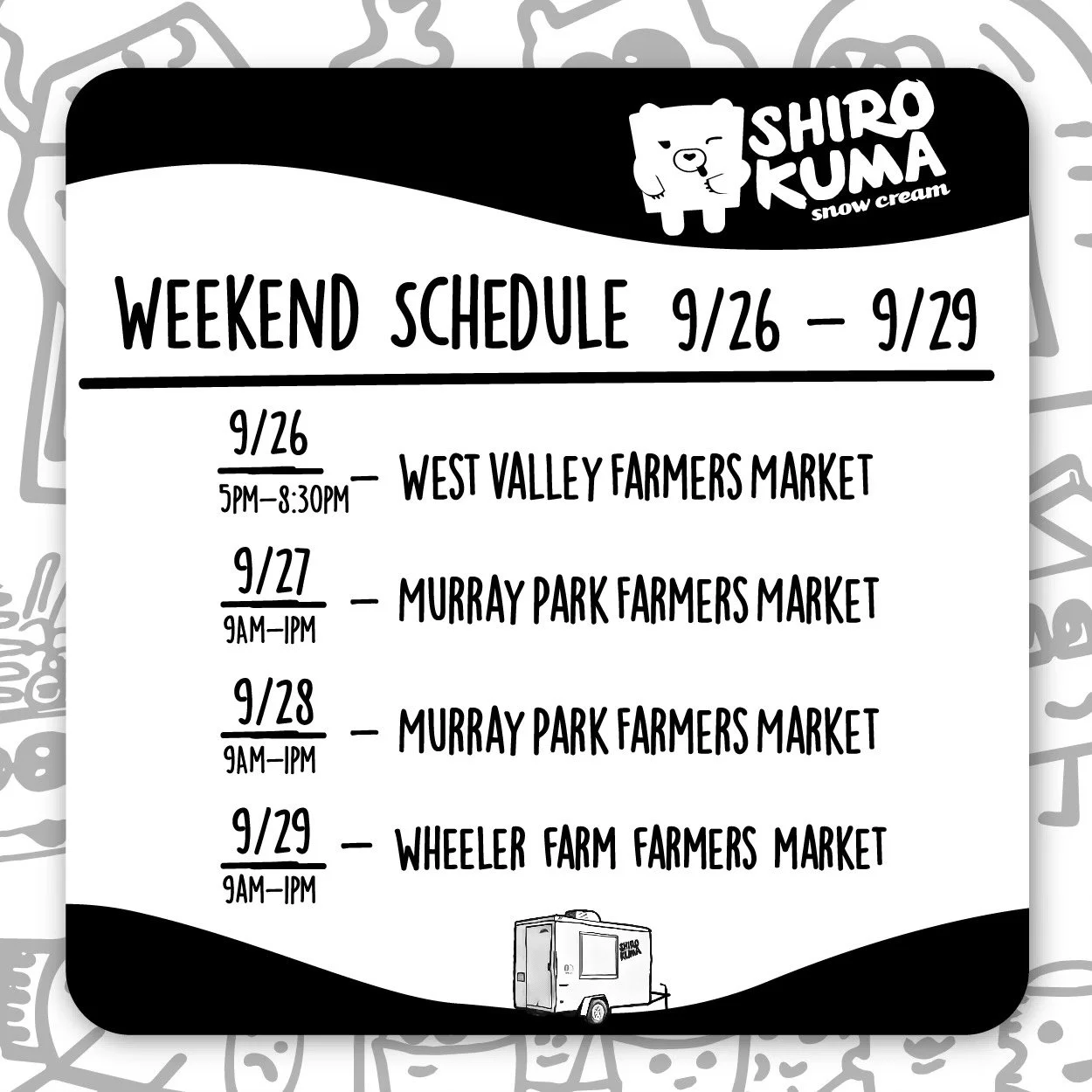 THIS WEEK'S SCHEDULE:
🍧 Thursday 9/26: 5PM - 8:30PM West Valley at Centennial Park
🍧 Friday, 9/27: 8AM - 1PM Murray Park Farmers Market
🍧 Saturday, 9/28: 8AM - 1PM Murray Park Farmers Market
🍧 Sunday, 9/29: 9AM - 1PM Wheeler Farm 6351 S 900 E