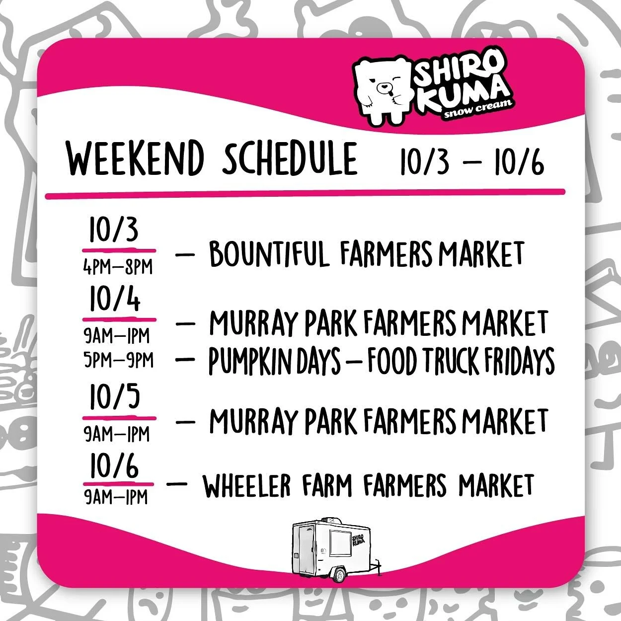 Schedule for the weekend!
🍧Friday 10/4: Wheeler Farm Pumpkin Days 5PM - 9PM
🍧Saturday 10/5: Murray Park Farmers Market 8AM - 1PM
🍧 Sunday 10/6: Wheeler Farm Farmers Market 9AM - 1PM