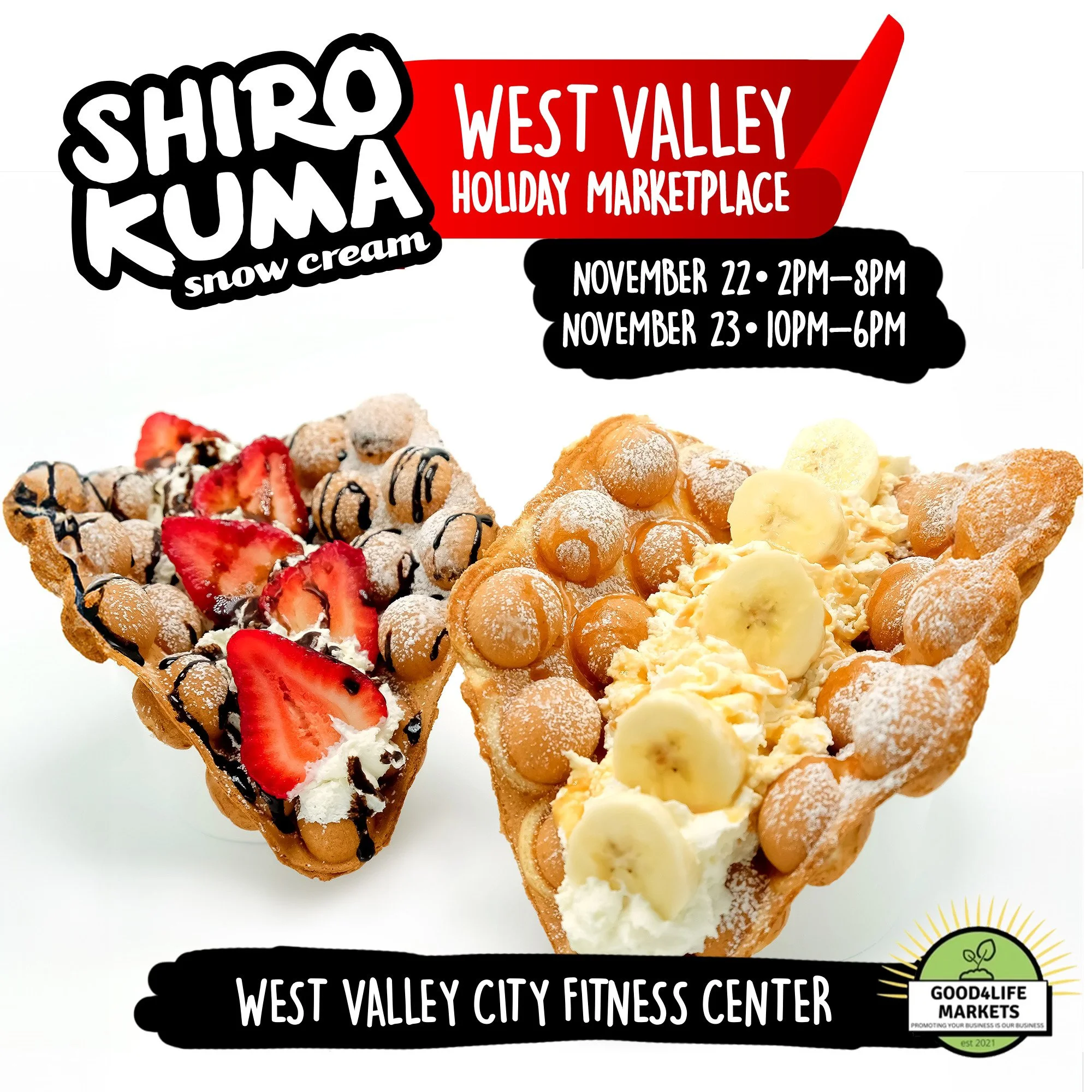 It's Holiday Market time! We'll be @westvalleycityfamilyfitness Friday 11/22 and 11/23. Come and get your bubble waffle!