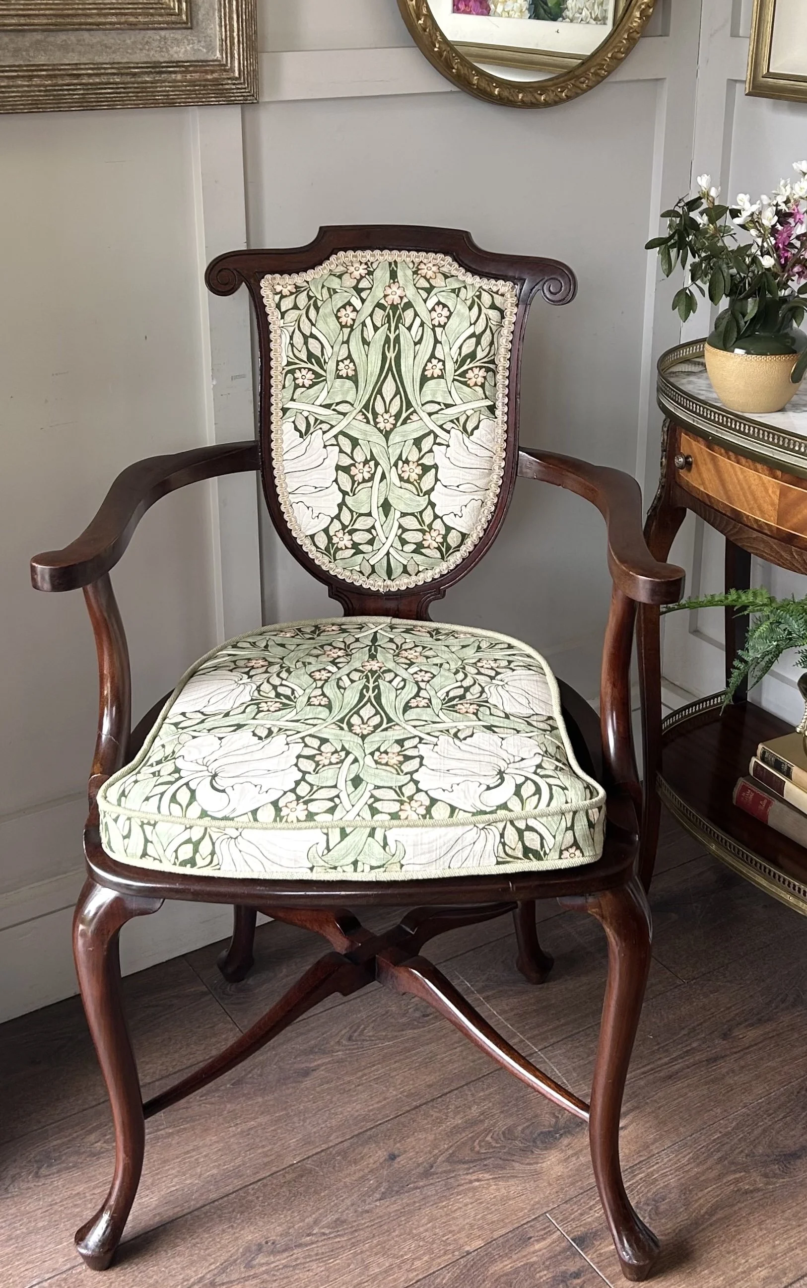 Superb Edwardian Mahogany Elbow Chair - Newly Upholstered - William Morris Fabric
