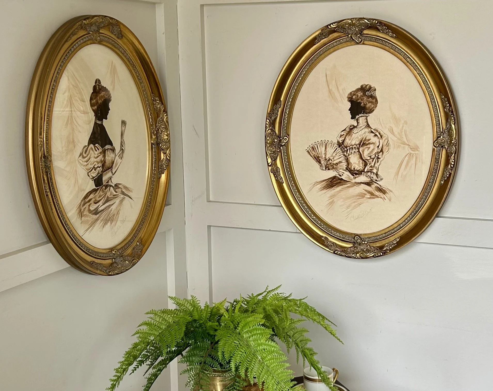 Pair of Gilt Framed 20th C Silhouettes By Christine Silver