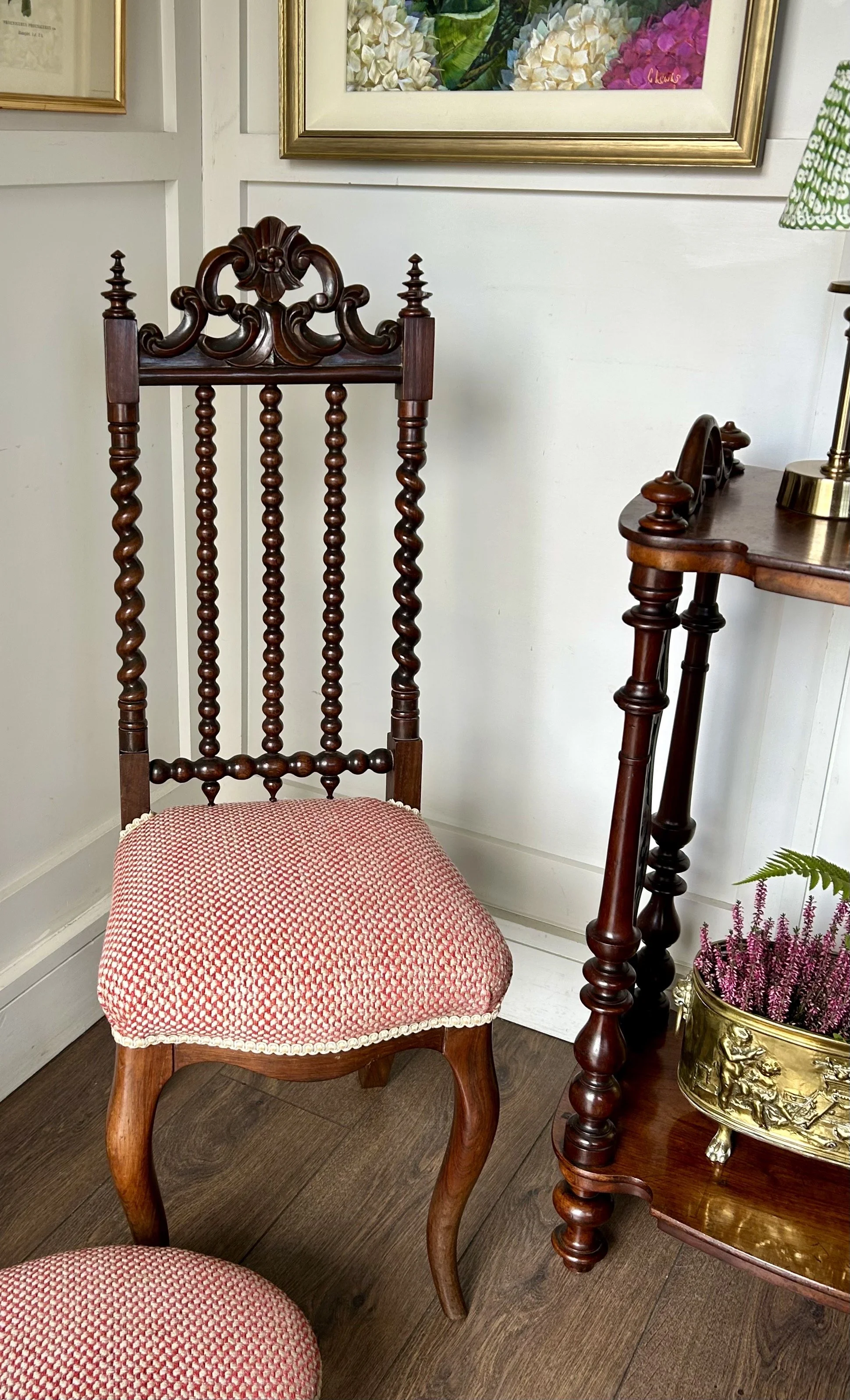 19th c Rosewood Newly Upholstered Chair With Bobbin Back