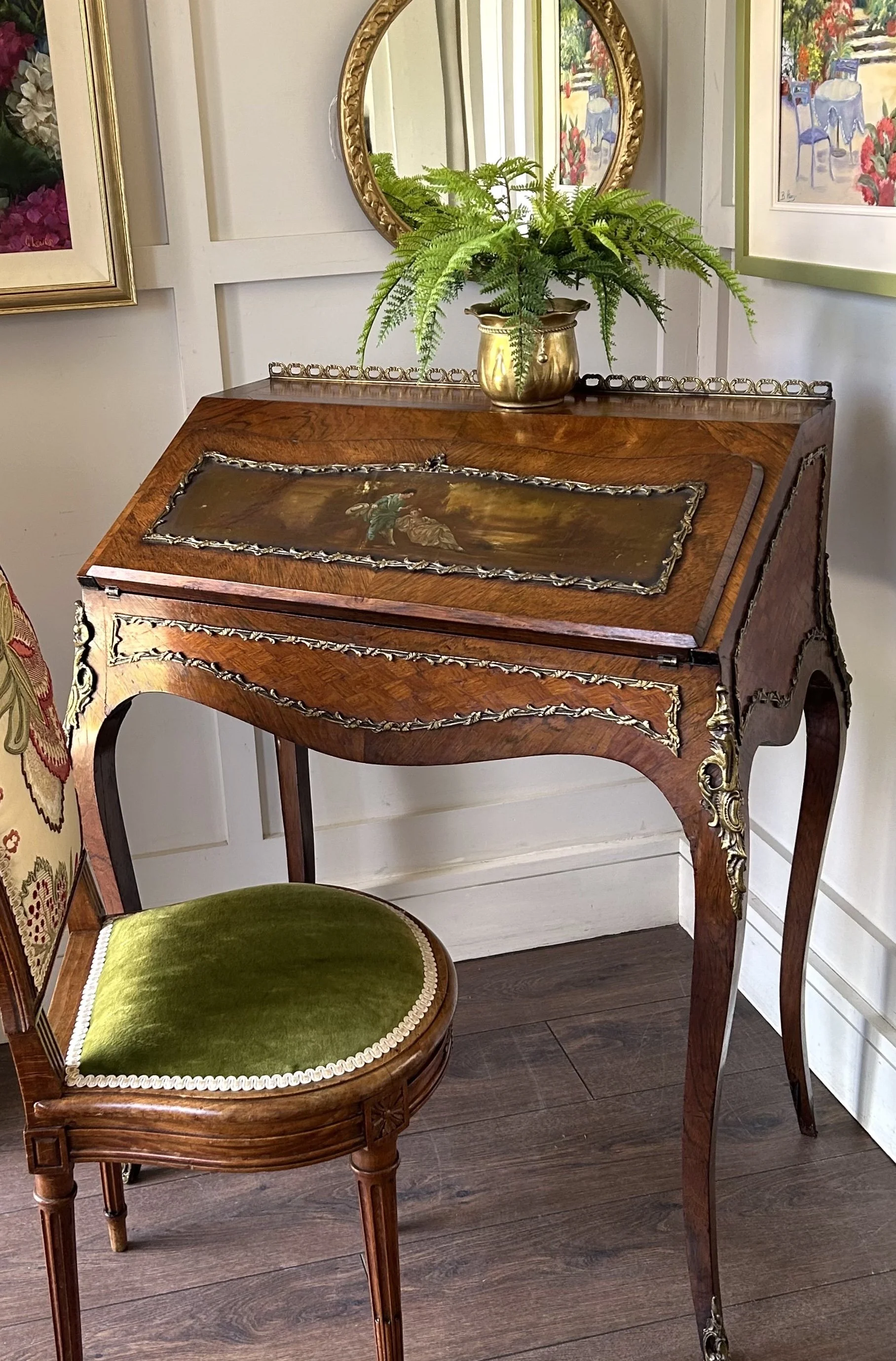 19th C Kingwood & Marquetry Writing Bureau WTH Brass Surround & Brass Mounts