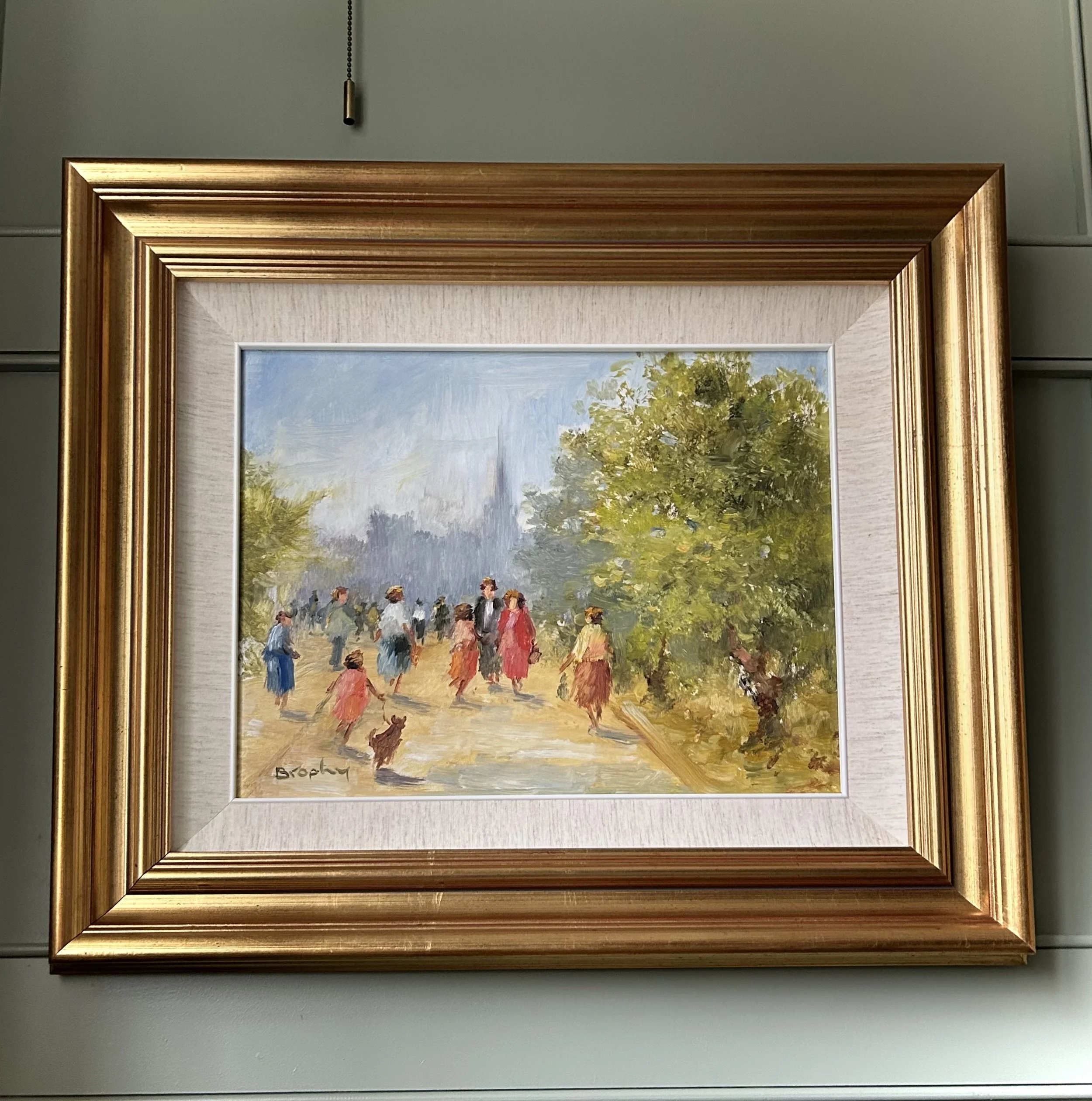 Gilt Framed Oil Painting “ Strolling In The Park “ By Elizabeth Brophy Housed Behind Non Reflective Glass