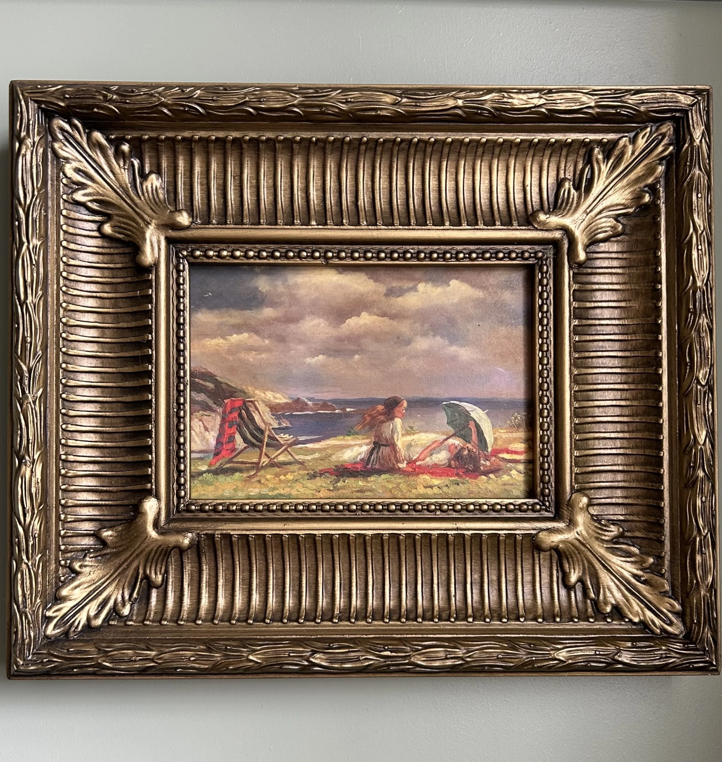 Framed Oil On Board “ Friends At The Beach”