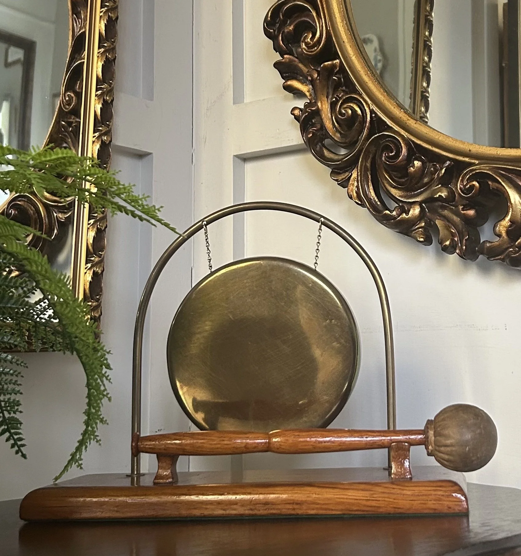 Vintage Brass Dinner Gong With Leather End Hammer Mounted On Wooden Base