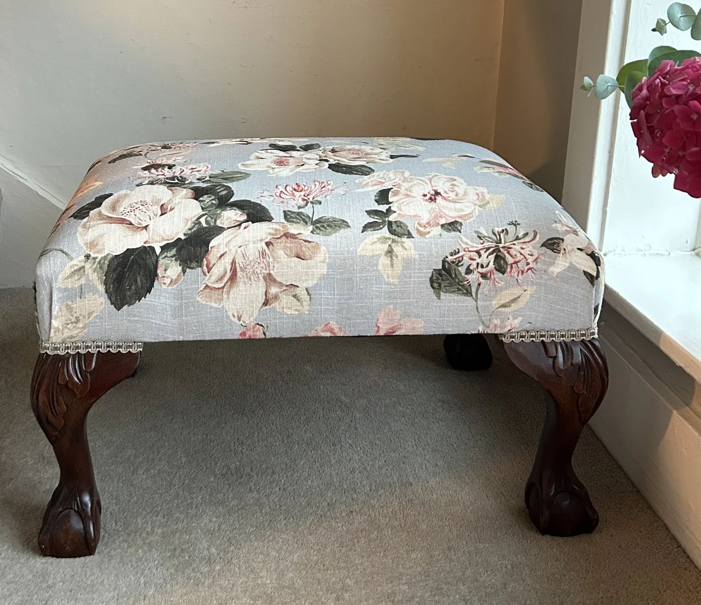 Mahogany Footstool - Newly Upholstered