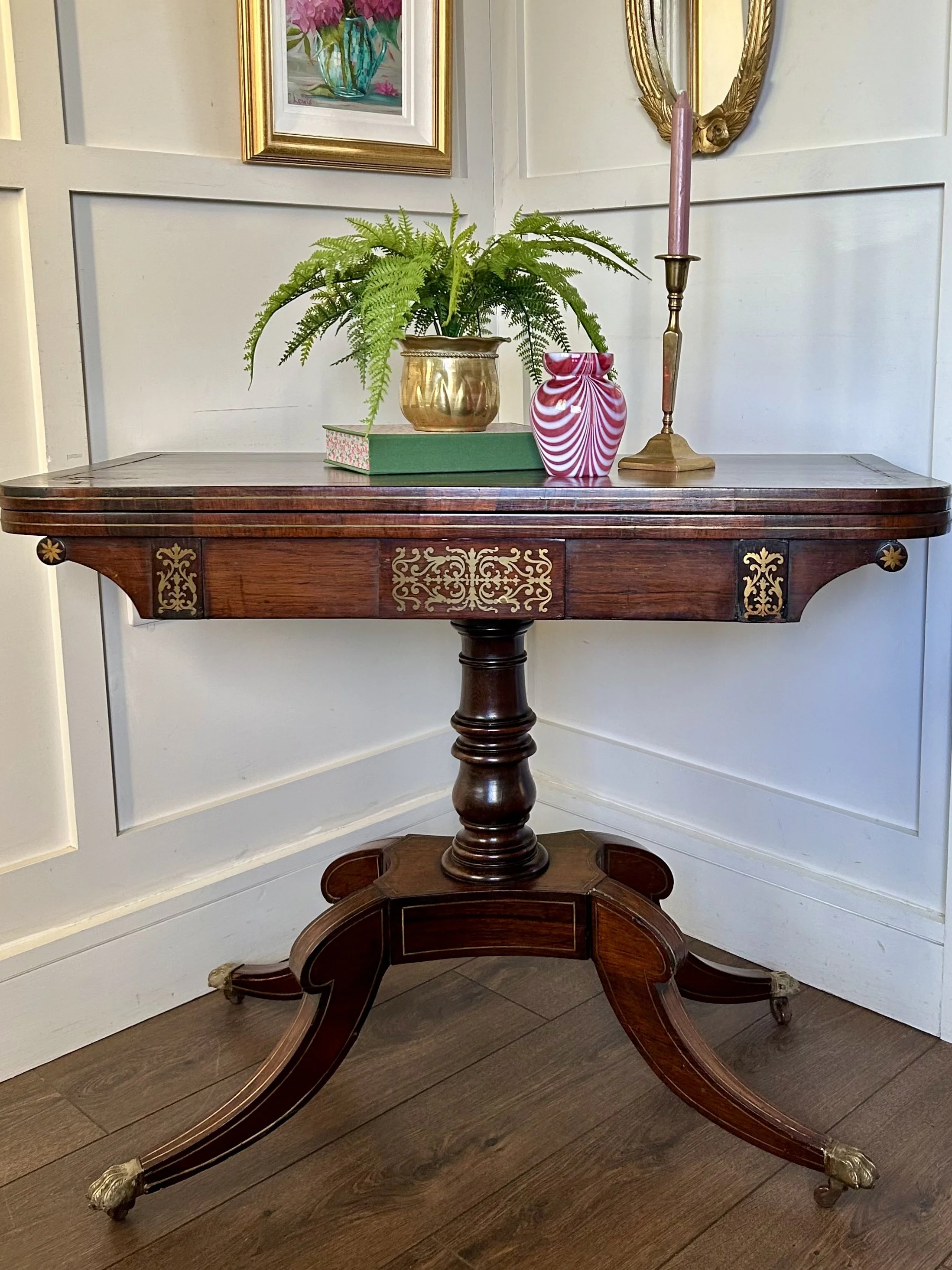 Victorian Rosewood Brass Inlaid Card Table - Console Table
