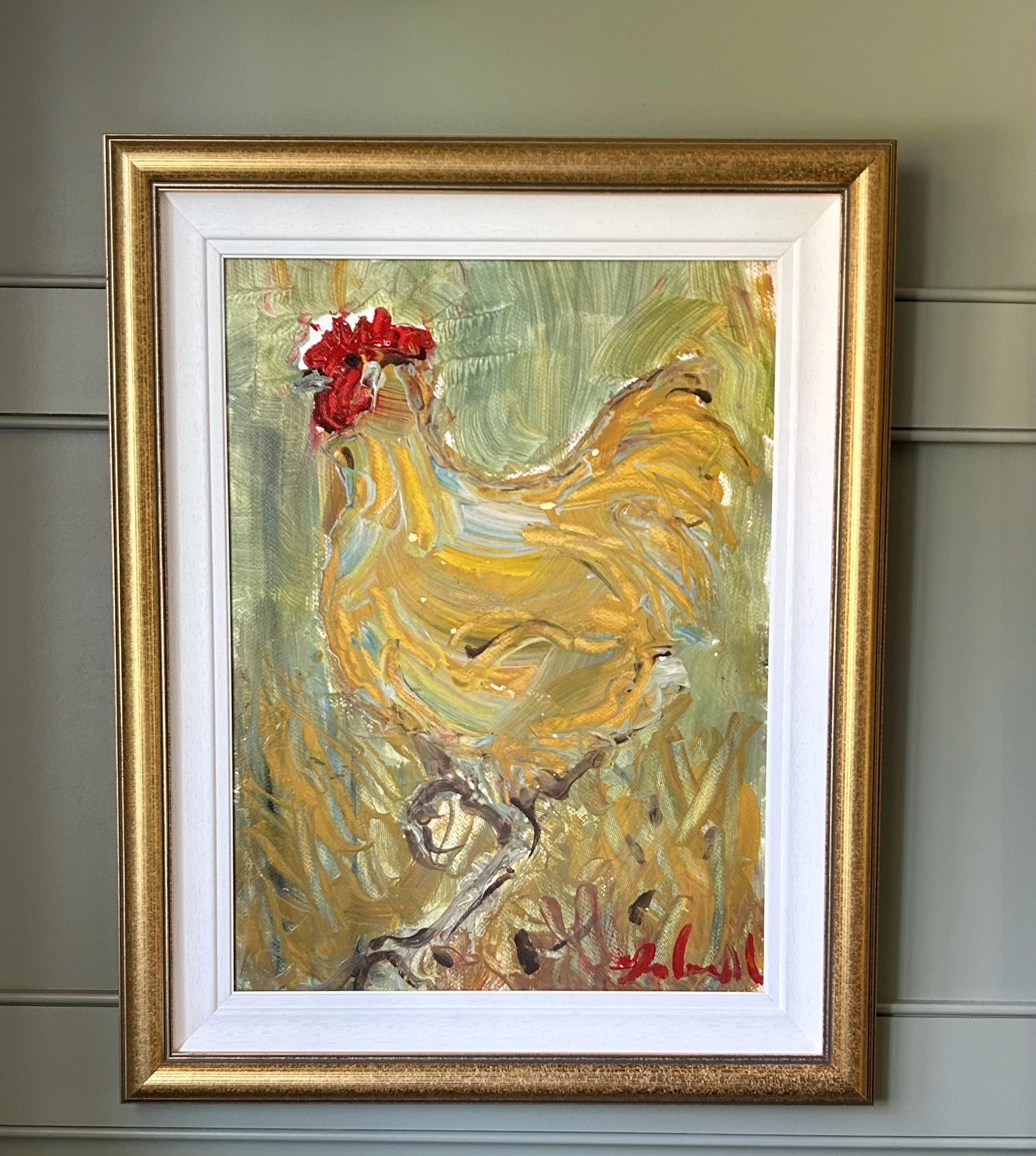Framed Oil Painting “Plymouth Rock Bantam” By Marie Carroll Housed Behind NonReflective Glass