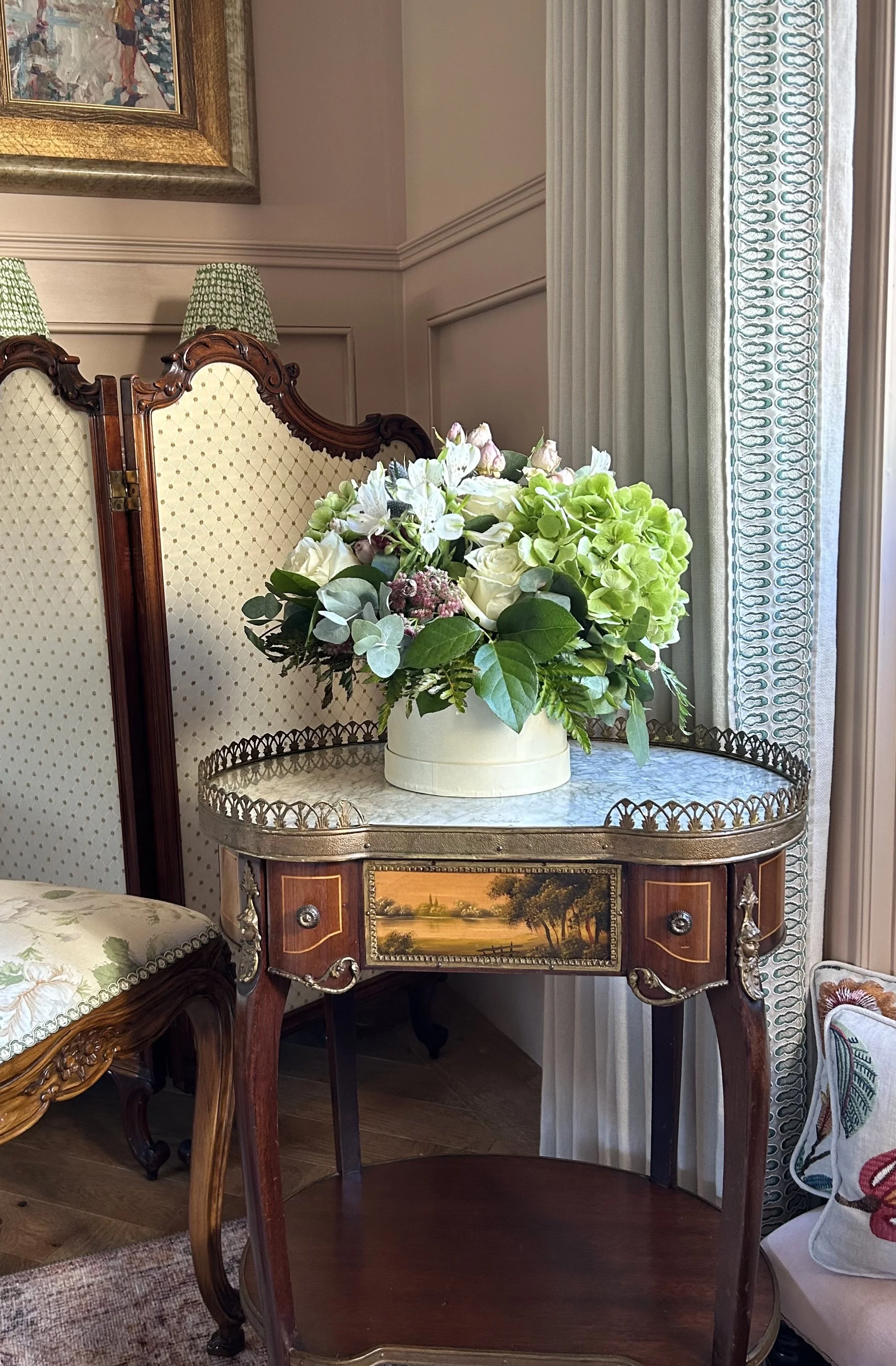 Kingwood Side Table With Marble Top & Brass Surround & Single Drawer