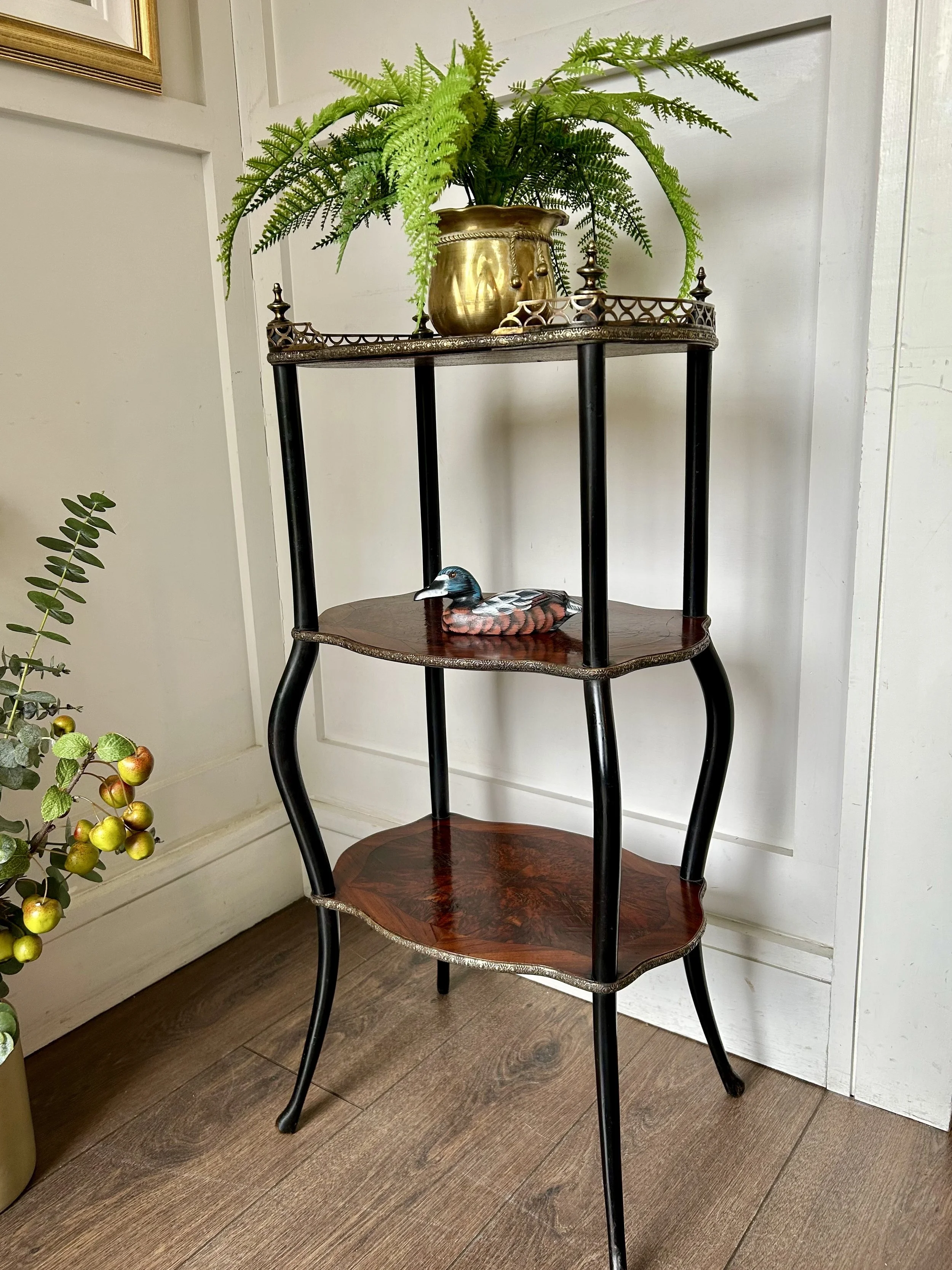 Late 19th C French Etagere 3Tier Side Table With Brass Surround