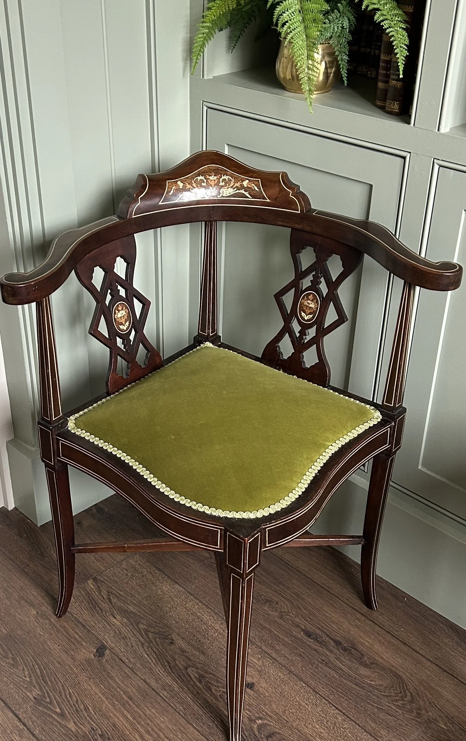 Edwardian Inlaid Mahogany Corner Chair - Newly Upholstered