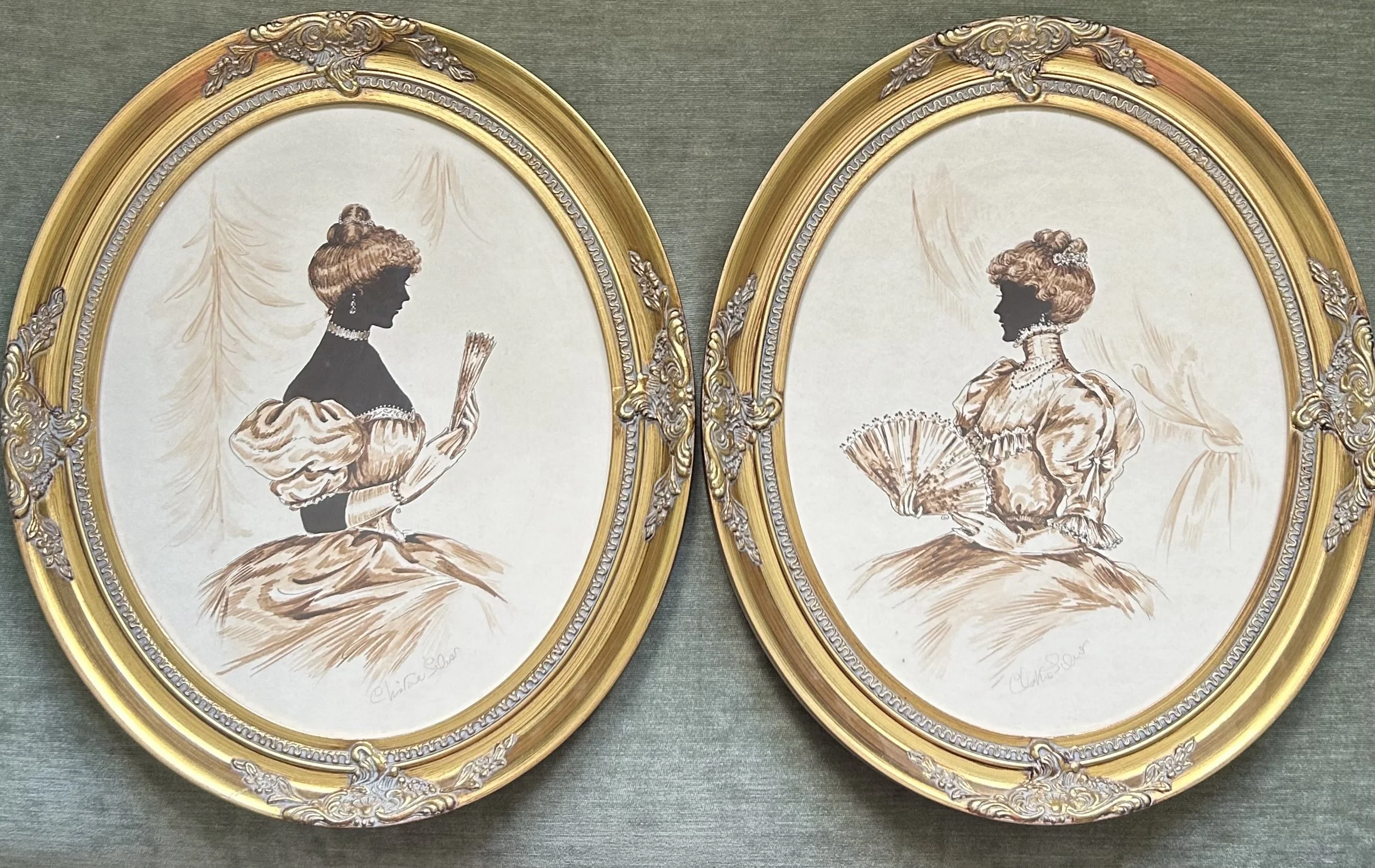 Pair of Gilt Framed 20th C Silhouettes By Christine Silver