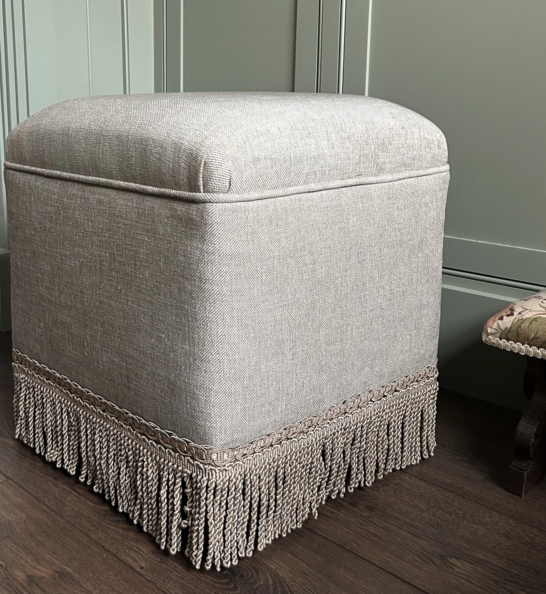 Newly Upholstered Cube Stool - Neutral Linen Fabric & Fringed Base