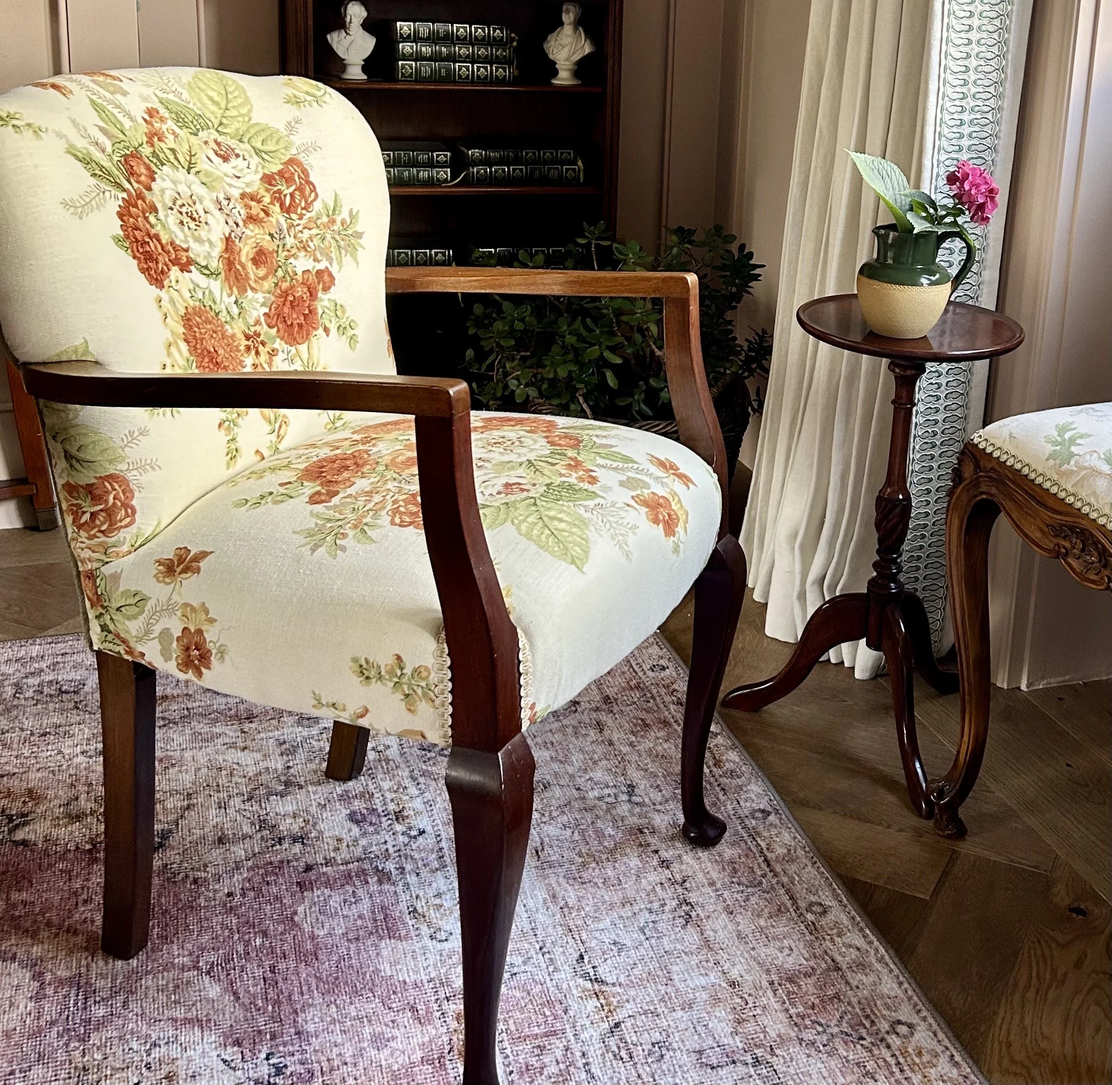 Superb Quality Mahogany Elbow Chair - Newly Upholstered In Roma Fabric