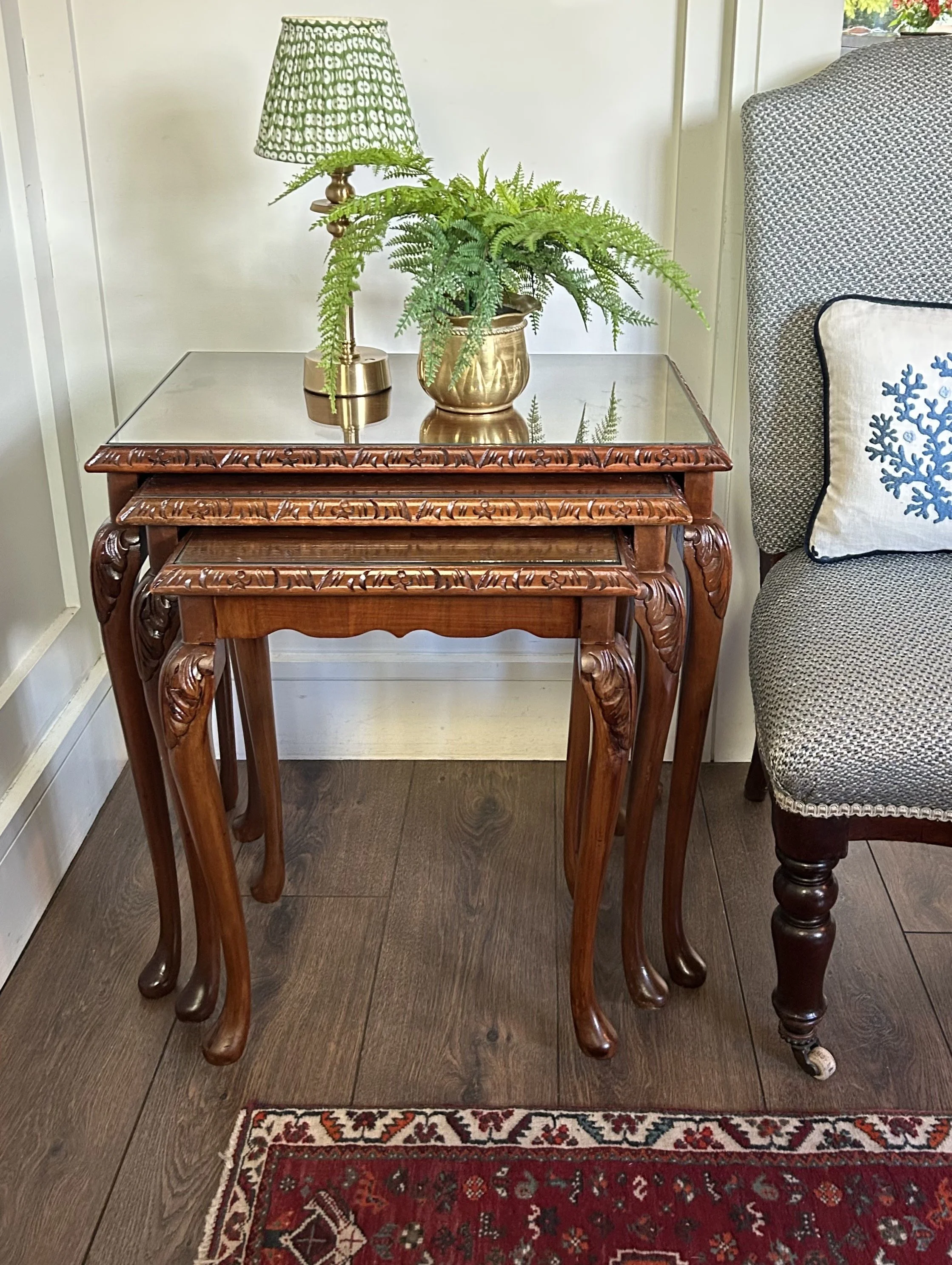 Walnut Nest Of Tables With Glass Top Inserts