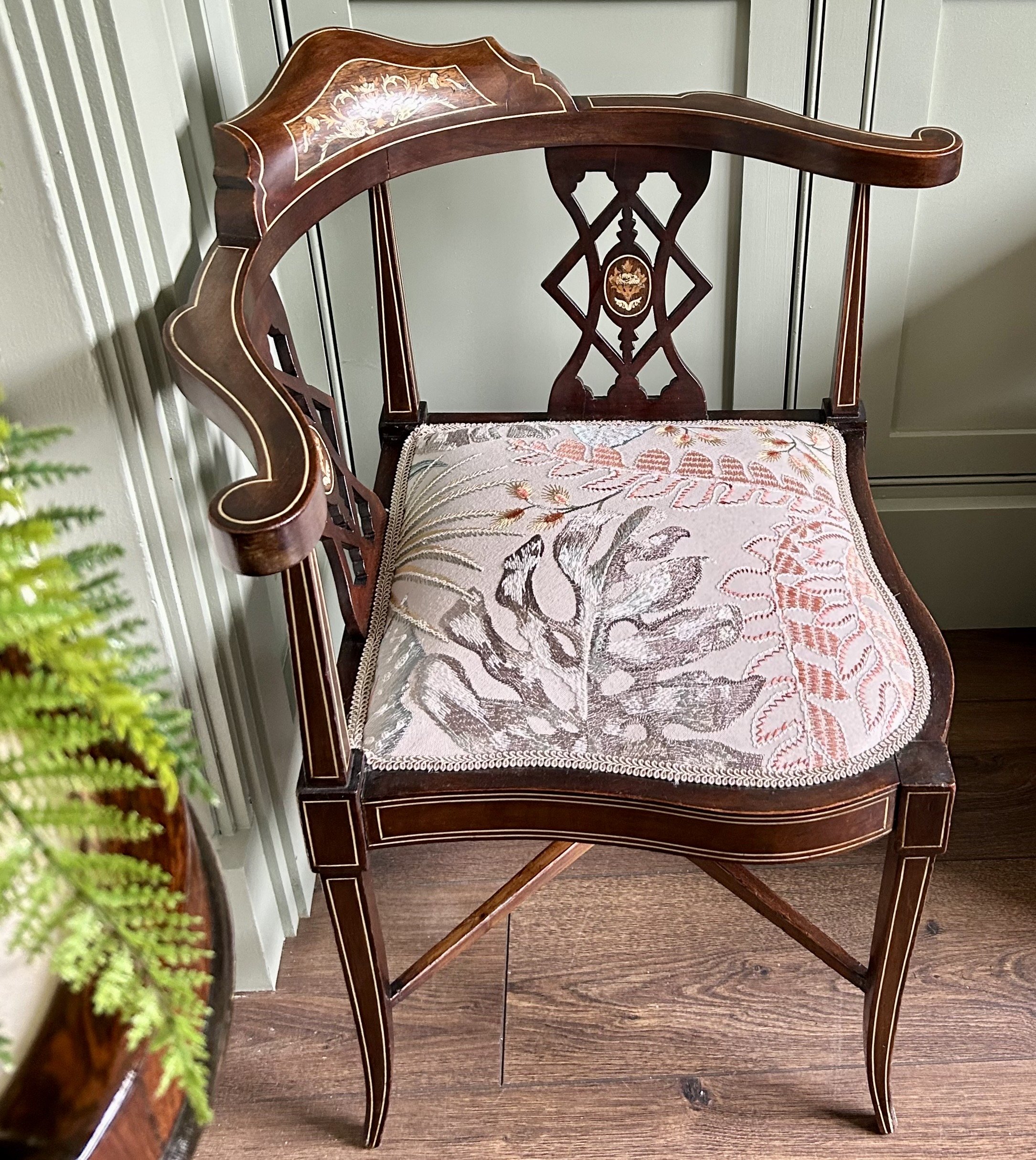 Edwardian Inlaid Mahogany Corner Chair - Newly Upholstered