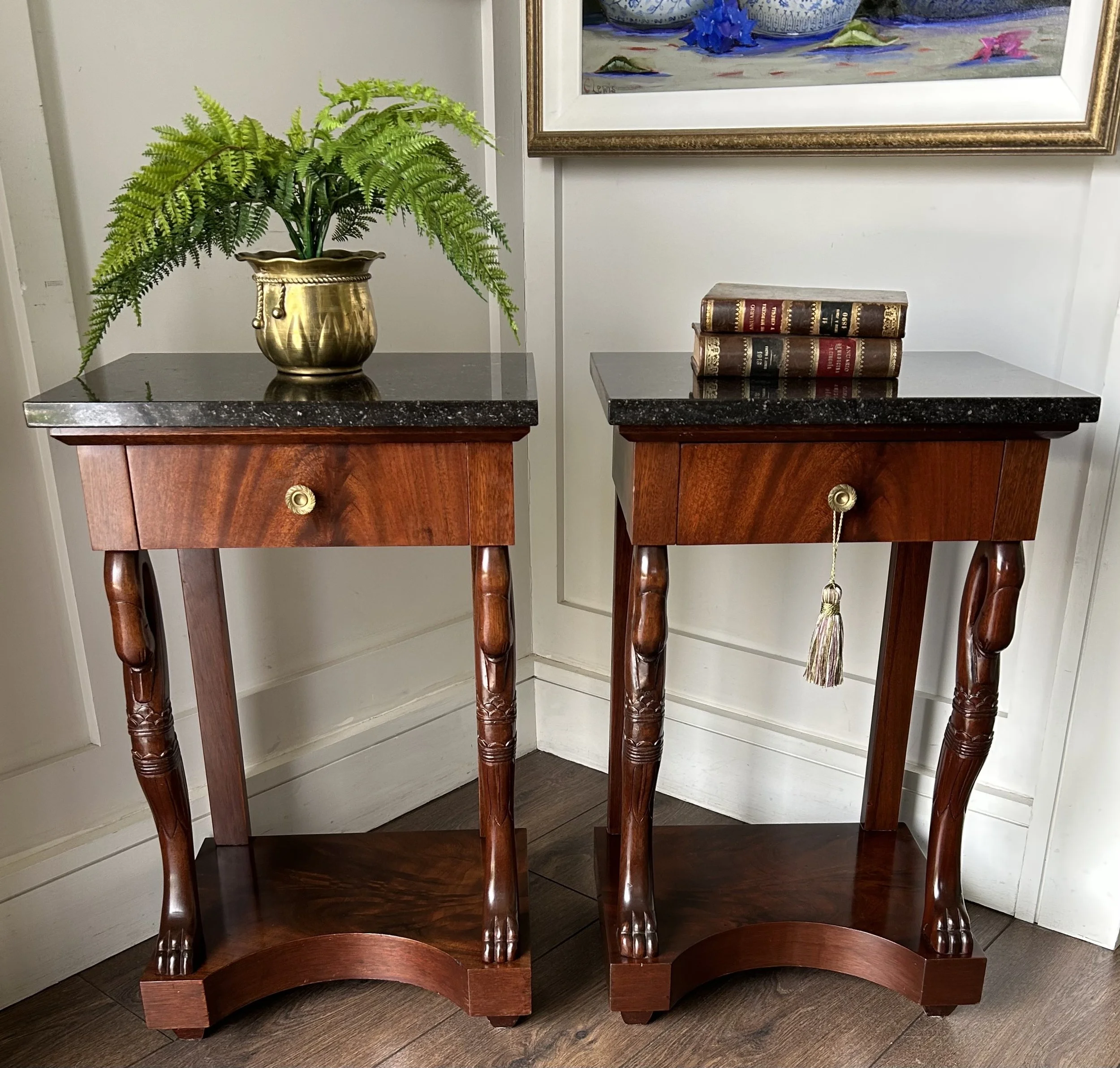 Superb Pair Of Mahogany Empire Style Side Tables With Marble Tops & Oak Lined Drawers