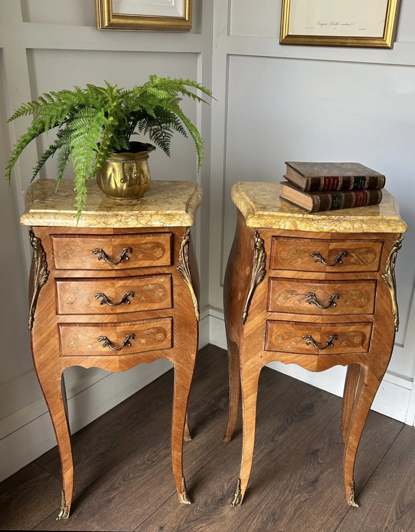 Pair of French Kingwood Marble Top Marquetry Inlaid Bedside Cabinets