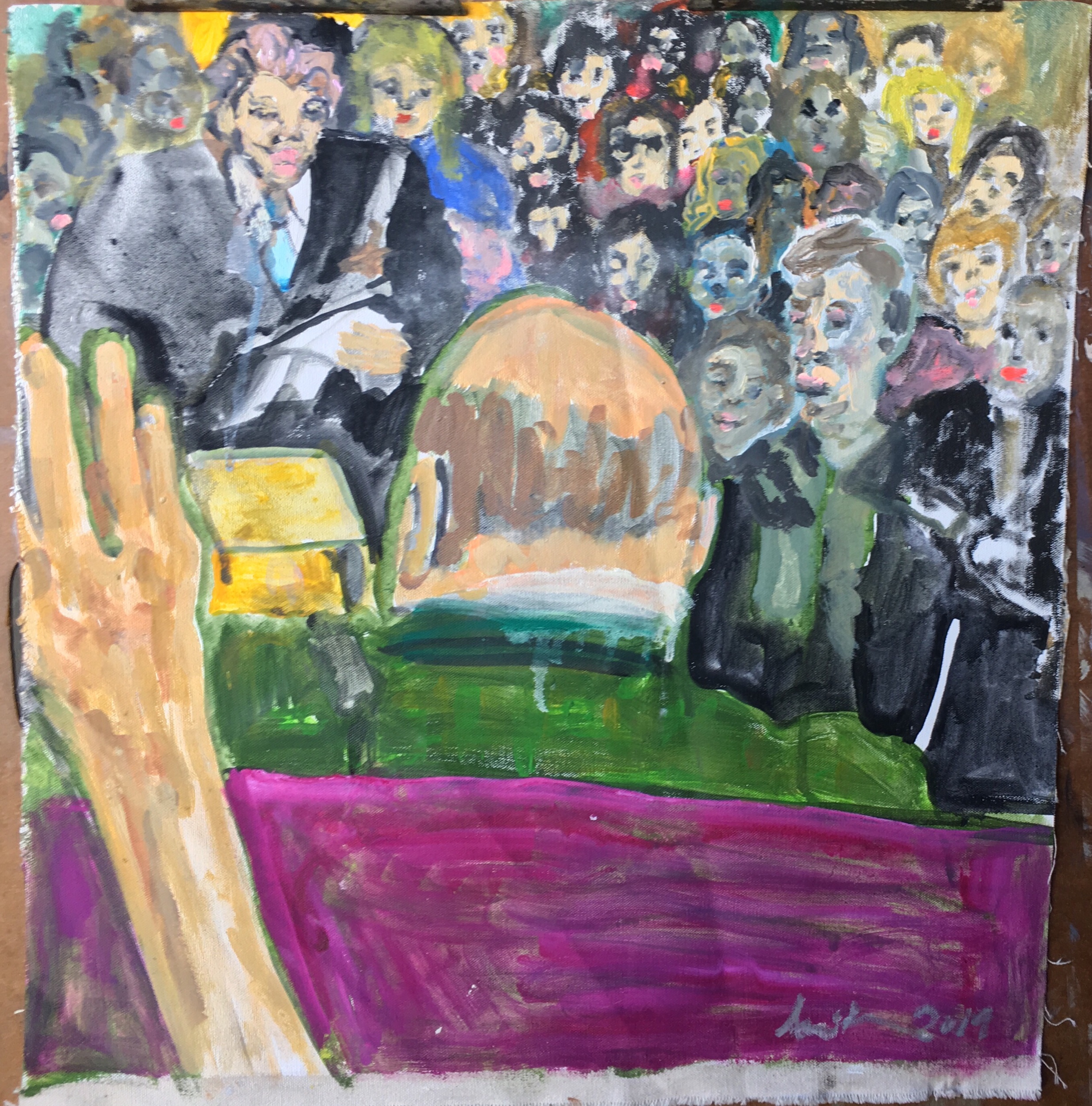 Ami Tallman, John Dean Testimony, The Swearing In, His Lawyer, The Crowd, gouache and oil on canvas, 7.5” x 8”, 2019 Available. Contact me regarding exhibition or sale.