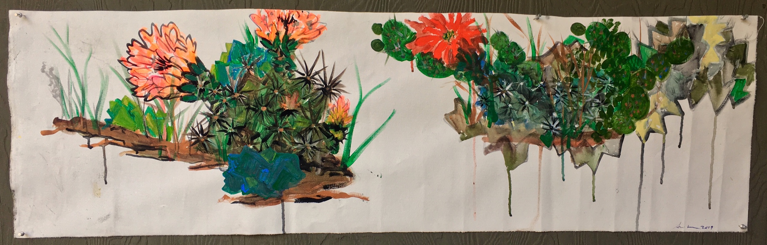 Ami Tallman, untitled, gouache and oil on canvas, 15” x 48.5”, 2019 Available. Contact me regarding exhibition or sale.