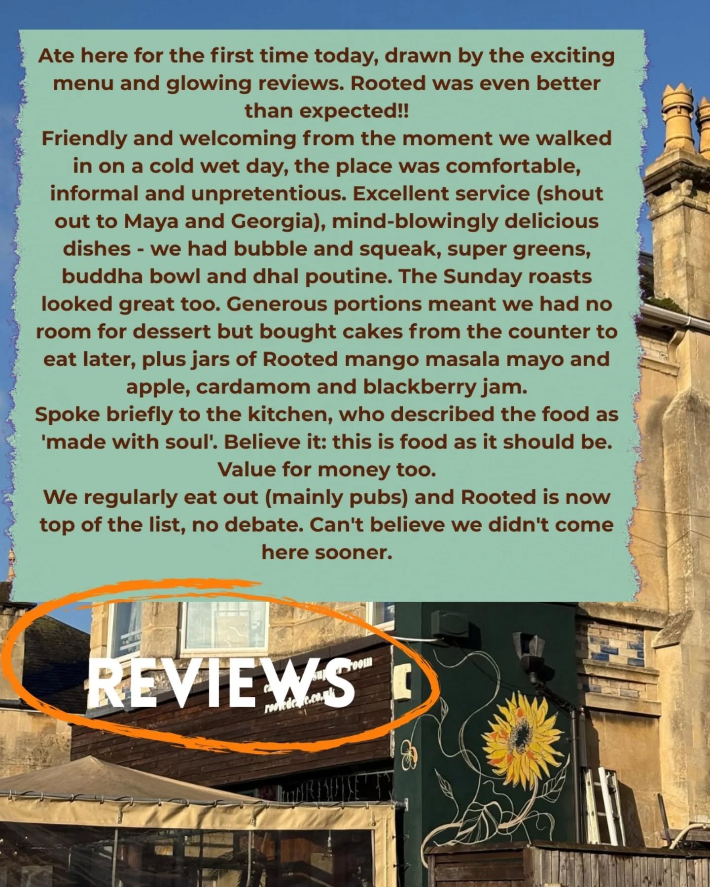 Reviews! 'Made with soul'
Thank you for taking the time to review us it really does help the independents stand out from the chains and a joy for us to read ✨️