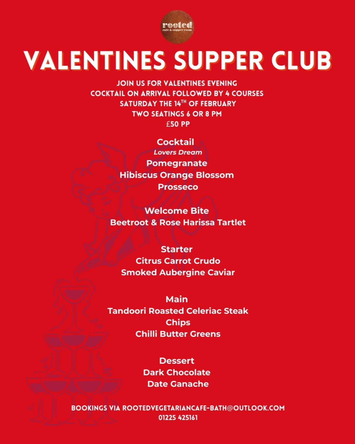 Valentines Supper Club 
14th of February 
Cocktail on arrival followed by 4 courses 
&pound;50 pp

✨️Cocktail 
Lovers Dream 
Pomegranate,hibiscus orange blossom, and prosecco 

✨️Welcome Bite
Beetroot and Harrisa Rose Tartlet

✨️Starter
Citrus Carrot