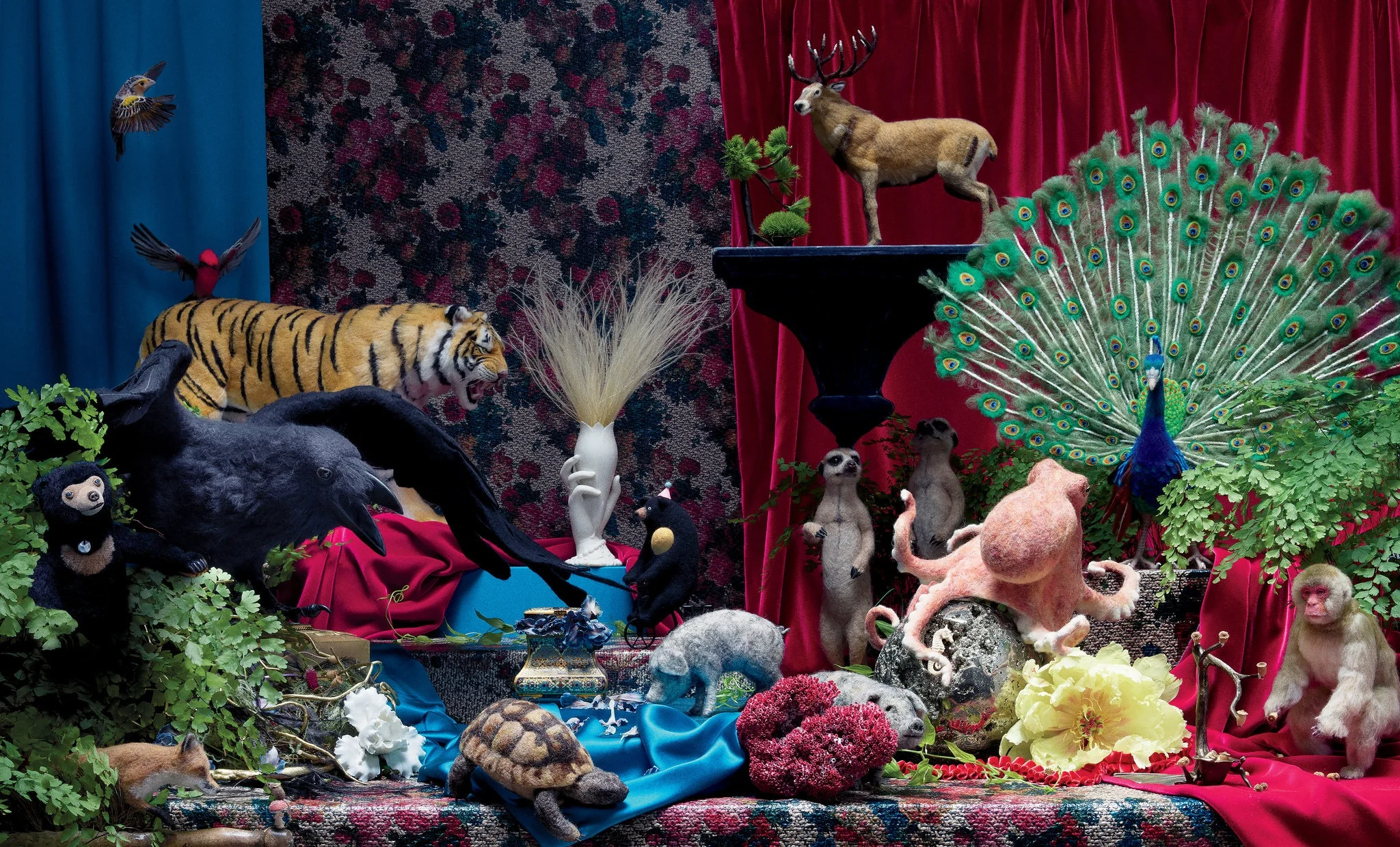 Asian Black Bear by @umeumezoozoo, Fox & Mouse by @thegentlemanfelter and @sprawlingpuppy, Raven by @neddism, Birds, Tiger, Stag, Peacock and Japanese Monkey by @kiyoshiminofelt, Black Bear On Wheels by @lindseythomasmakes, Pigs by @pipingploverlove and Tortoise, Meercats and Octopus by @yvonnesworkshopfelts