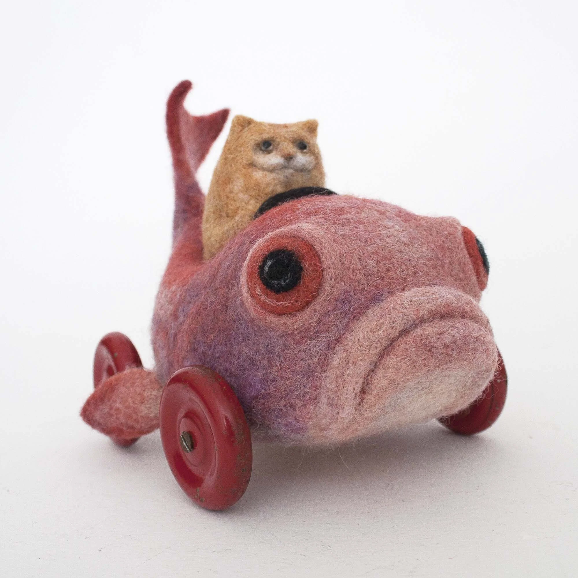 Needle Felted Orange Cat in Fish On Wheels