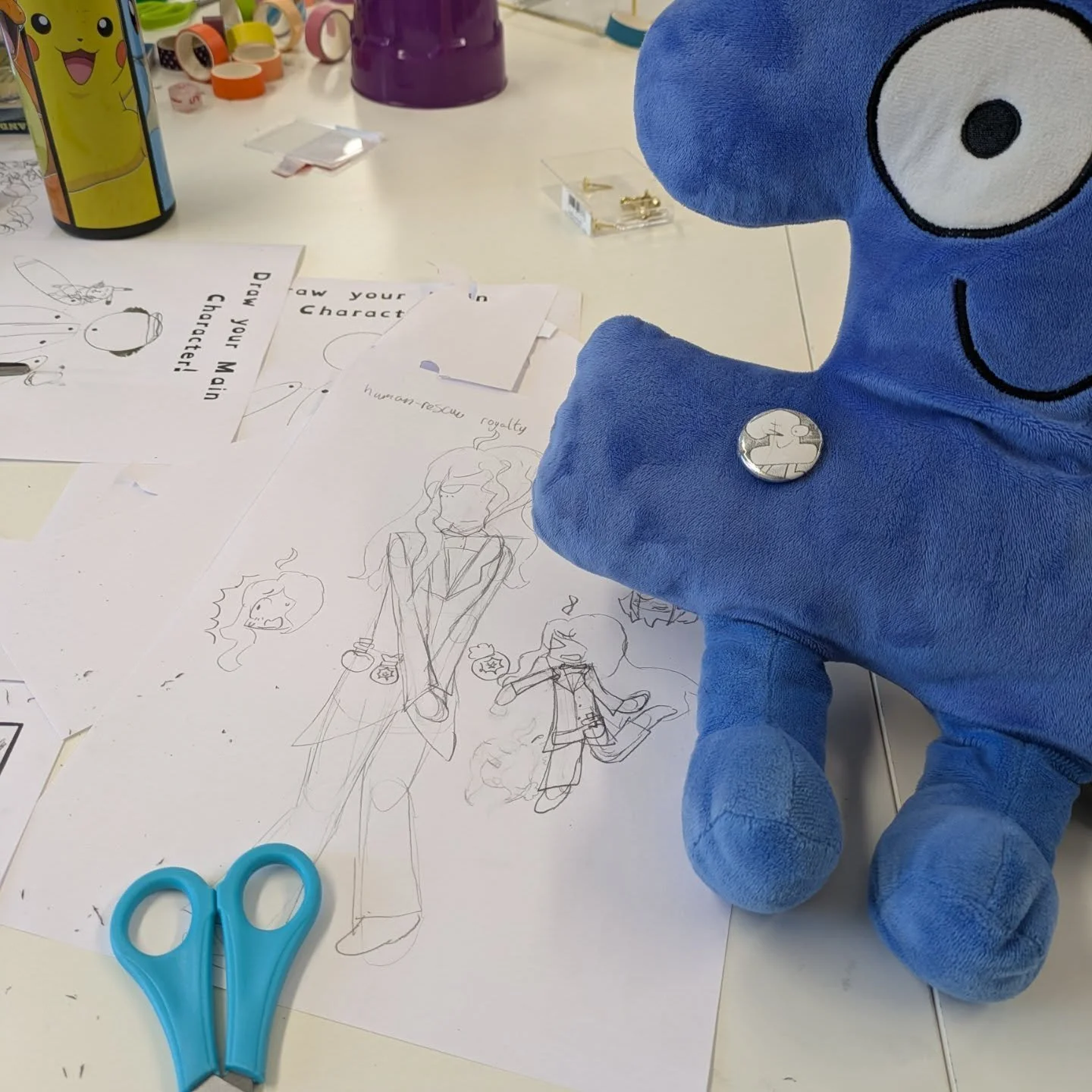 Another fun filled Saturday! We were so busy we almost forgot to take pics but we have a lovely family picture of all the puppets we created in Saturday Comics Workshop this morning and then in Here for the Nerds we made stickers!