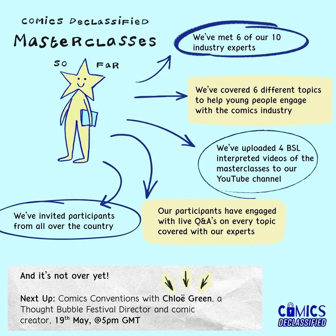 Does all of this sound like something you, or a young person in your life aged 16-30 would be interested in?

Well you're in luck! We still have 4 of our amazing industry experts to go in our free online masterclass series. 

Find "Comics Declas