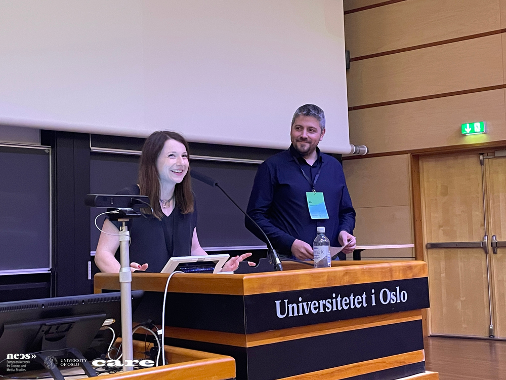 To the left, Laura Niebling from the University of Regensburg, and to the right, Luca Barra from the University of Bologna, Steering Committee, NECS 2023. The Opening Ceremony. Photo: Salomé Chalandri