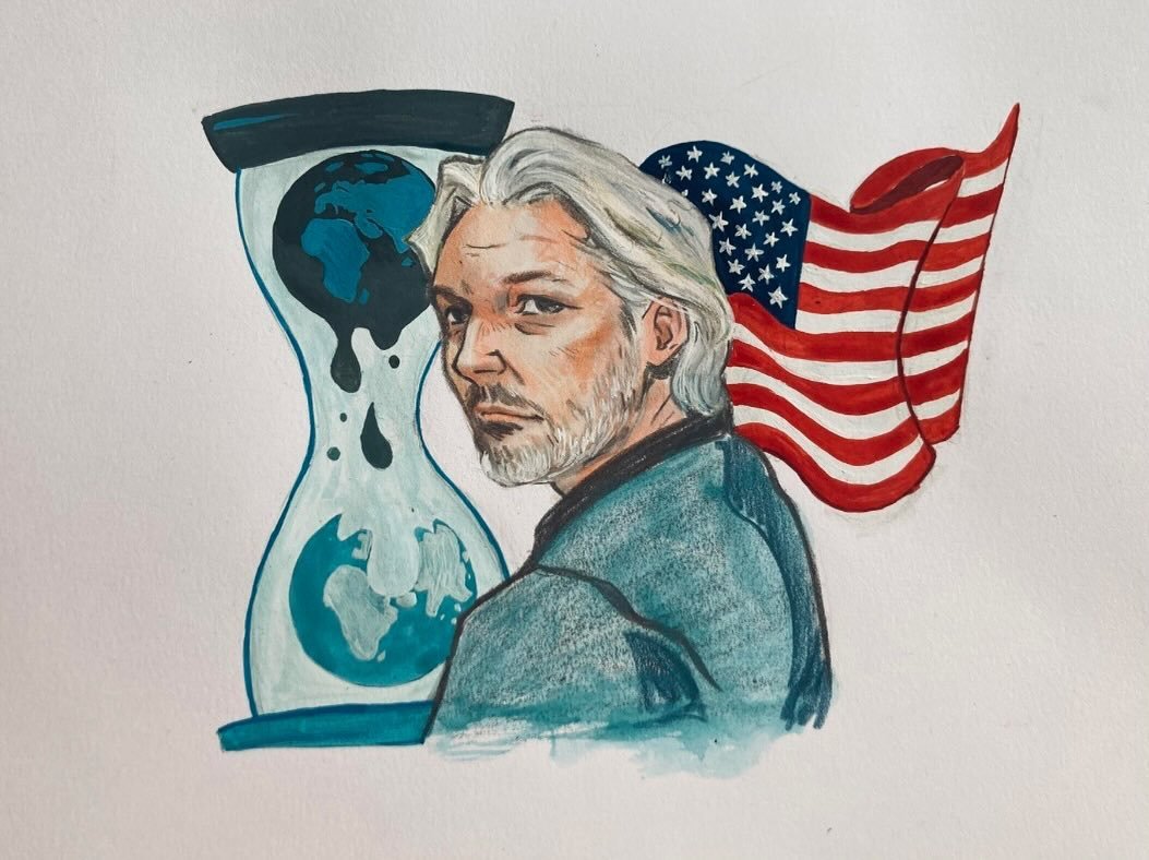 Wikileaks-grunnleggeren Julian Assange risikerer &aring; bli utlevert til USA og stilt til retten etter tiltale om spionasje og datatyveri. Kritikerne kaller det et brudd p&aring; presse- og ytringsfriheten.📃🖋️

Skribent: @heddagronbrekk 
Illustrat