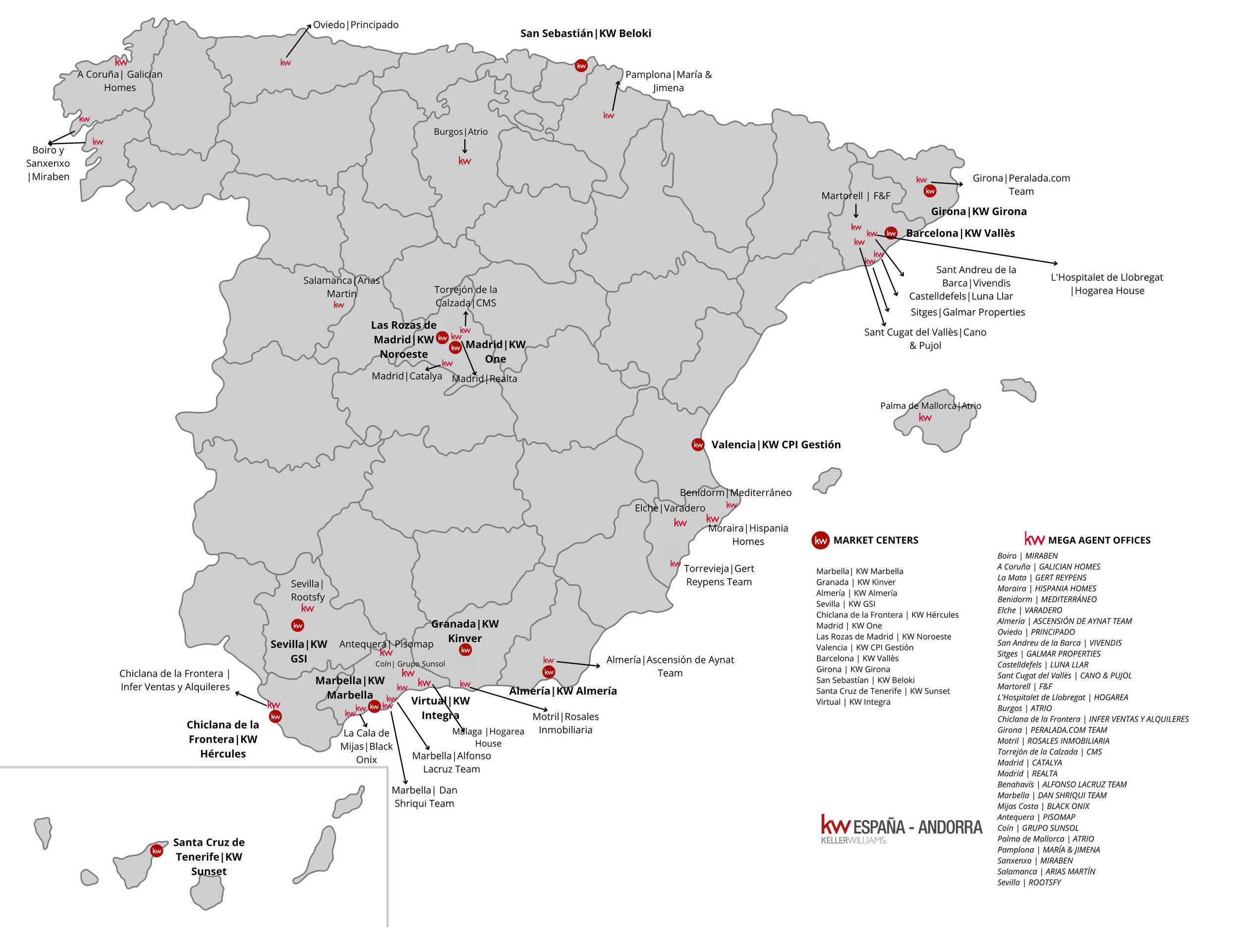Mapa de Market Centers y Mega Agent Offices Keller Williams en España-Andorra con territorios disponibles para abrir una franquicia inmobiliaria.