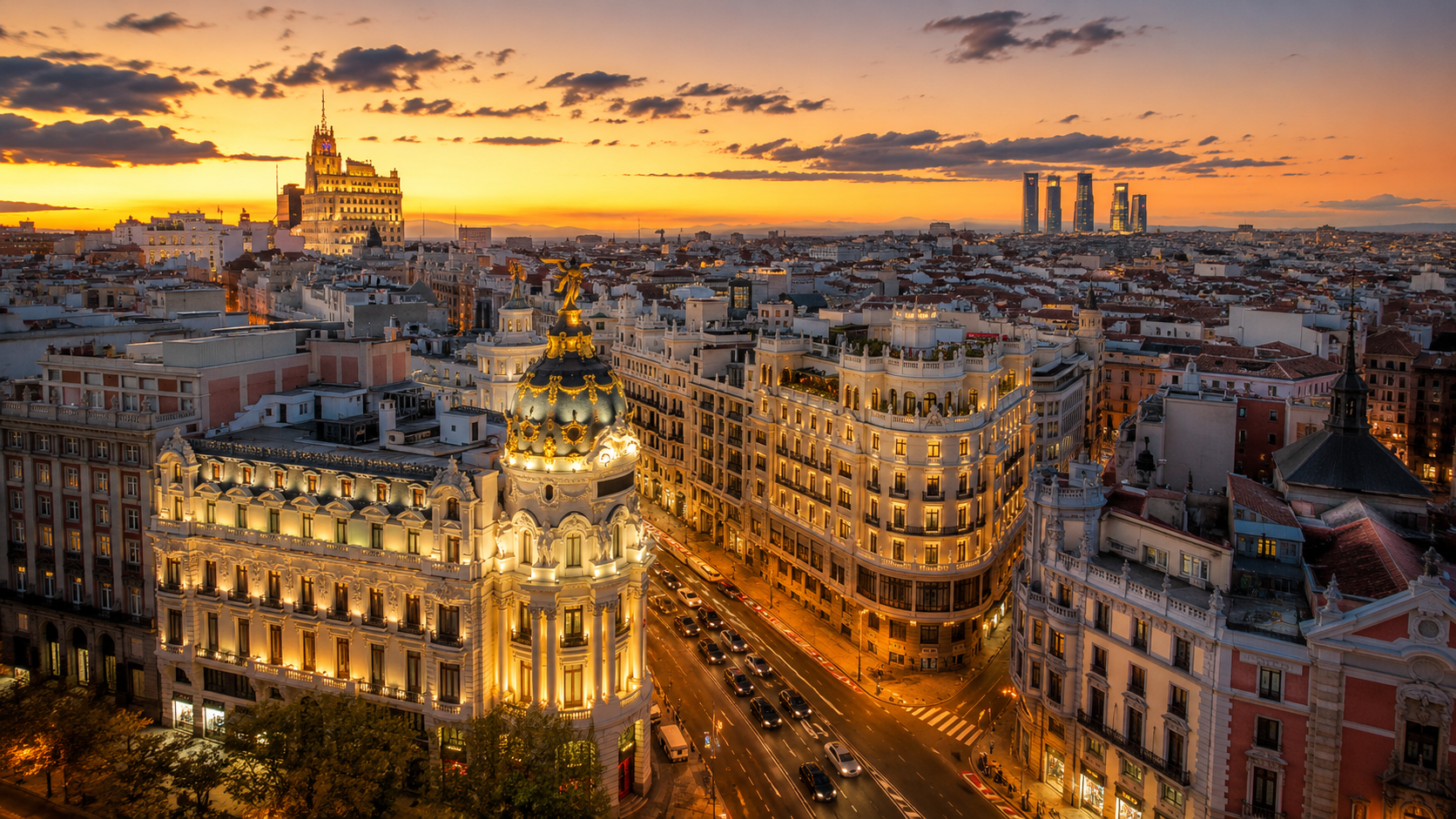 Vista panorámica de Madrid con la Gran Vía para representar la oportunidad de abrir una franquicia inmobiliaria Keller Williams en Madrid.