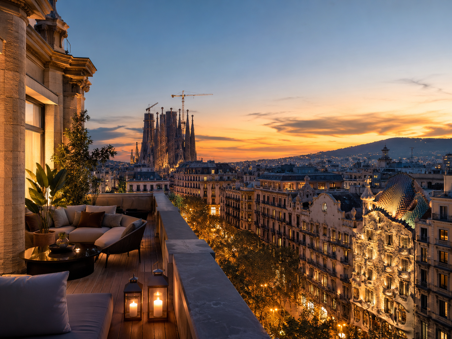 Vista de lujo de Barcelona al atardecer con Paseo de Gracia, Casa Batlló y la Sagrada Familia para representar la oportunidad de abrir una franquicia inmobiliaria Keller Williams en Barcelona.