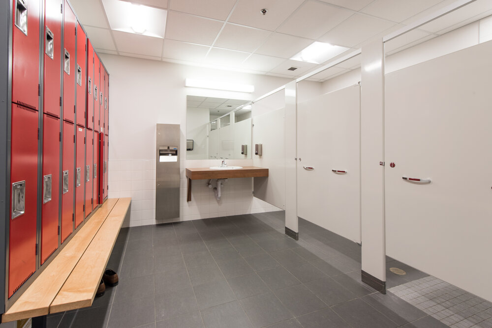 Fitness centre change room with lockers, washrooms, sinks (Copy)