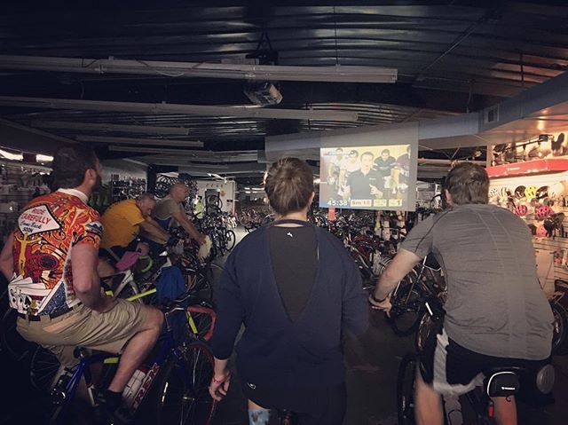 Does the winter weather and lack of daylight have you missing your group riding routine? Join us on Wednesday nights for our indoor interval training lasting until February 27 when the time changes. We start at 6pm and require you to bring your own t