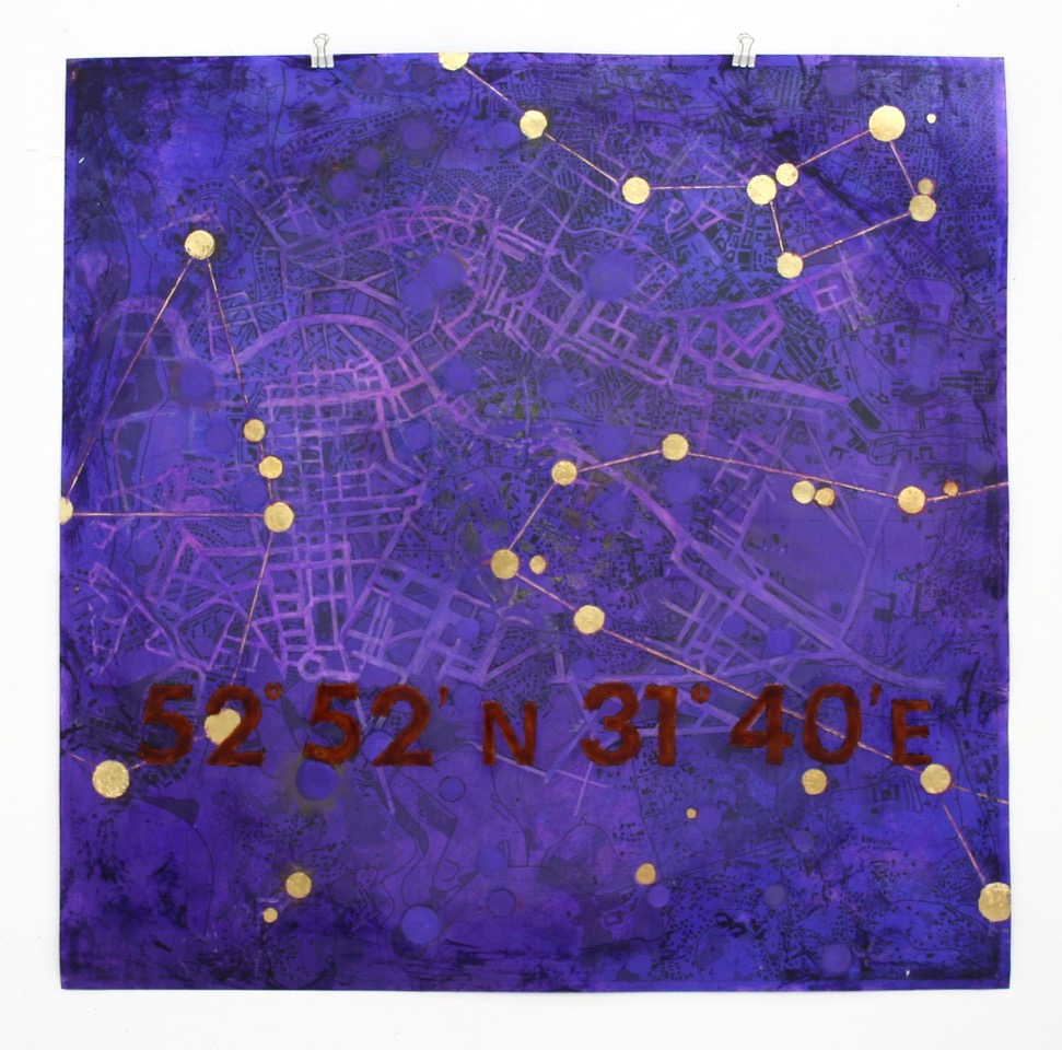 Cristina Barroso, 2018 From Berlin to Jerusalem, acrylic and gold over map of Jerusalem printed on acetate