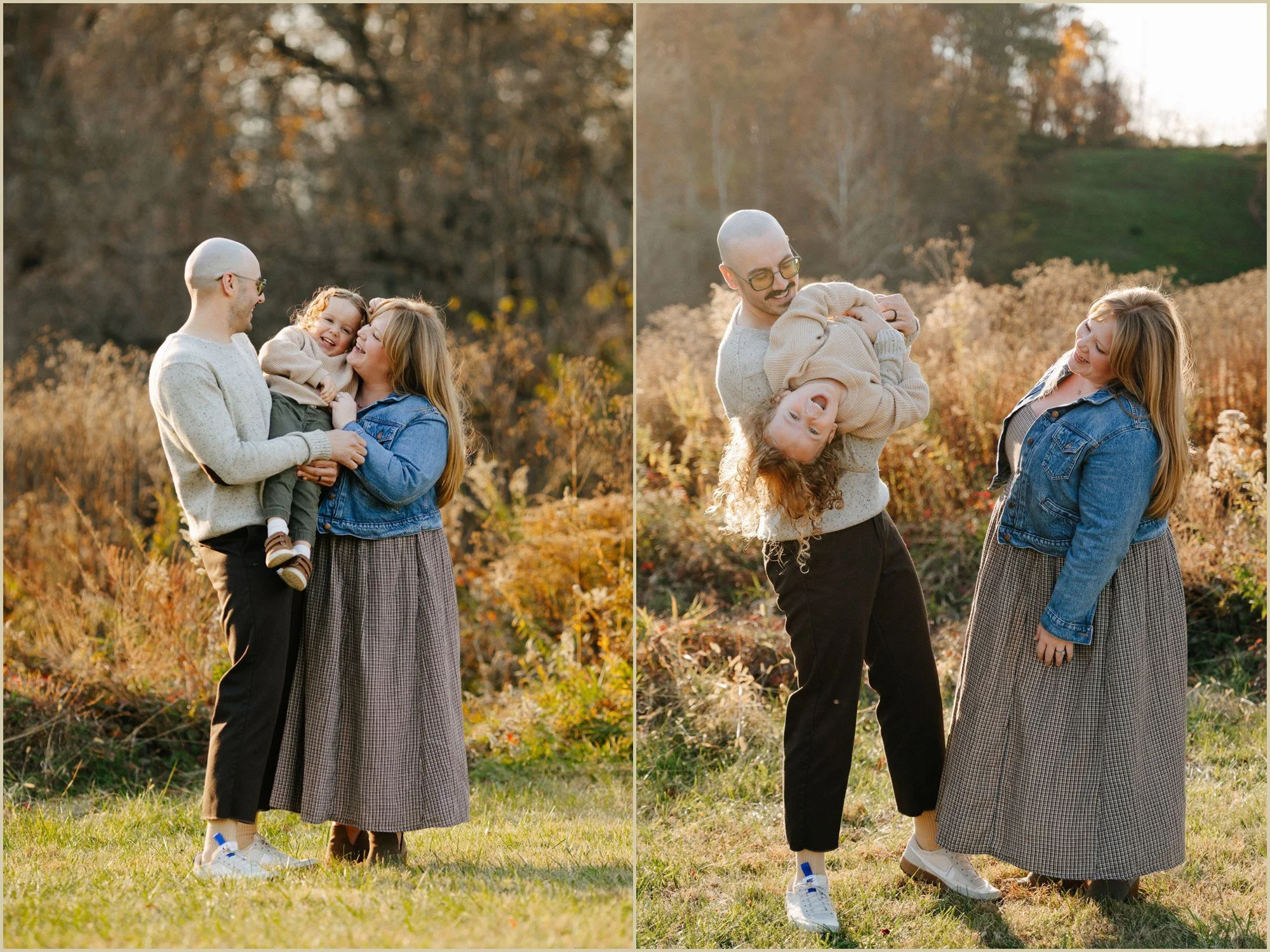 a family laughing and father lifting son upside down 