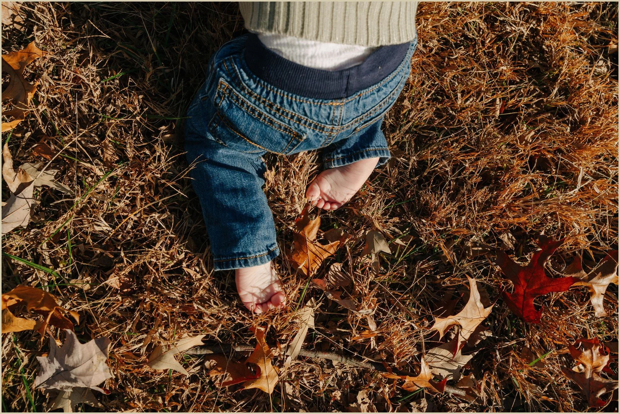 a baby crawling in the fall leaves with bare feet