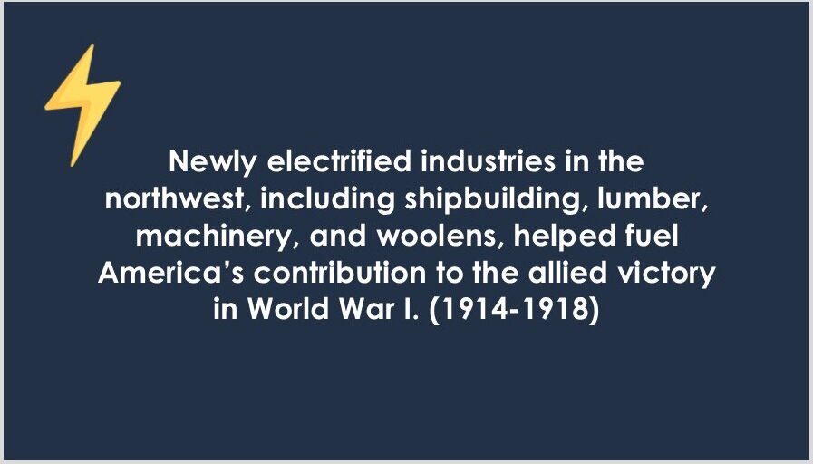 Newly electrified industries in the northwest, including shipbuilding, lumber, machinery, and woolens, helped fuel America’s contribution to the allied victory in World War I. (1914-1918) 