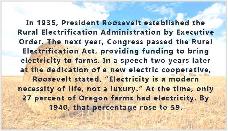  In 1935, President Roosevelt established the Rural Electrification Administration by Executive Order. The next year, Congress passed the Rural Electrification Act, providing funding to bring electricity to farms. In a speech two years later at the d