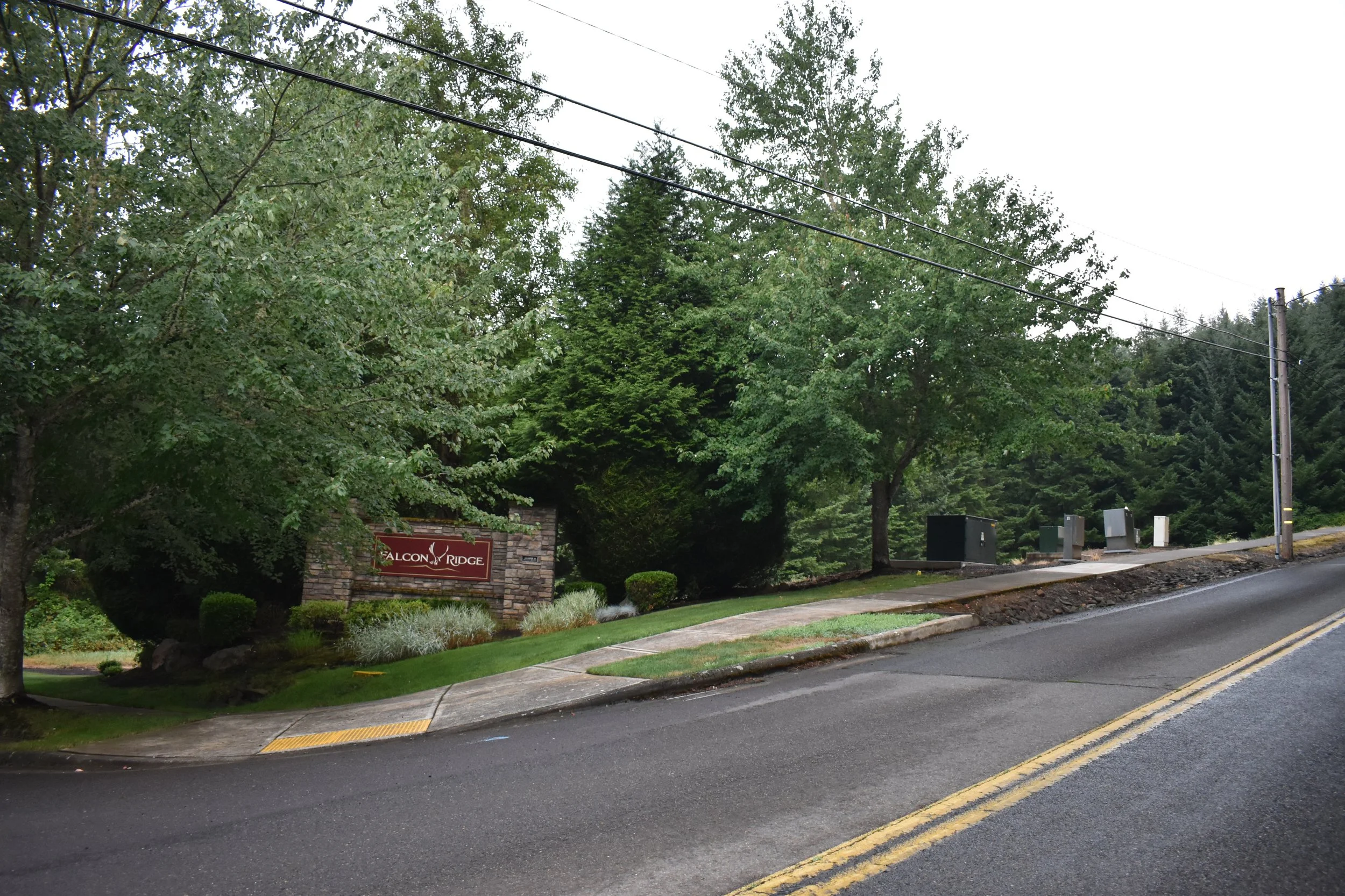  The entrance to the Falcon Ridge neighborhood with new electric boxes serving the undergound lines visible behind the sidewalk.   