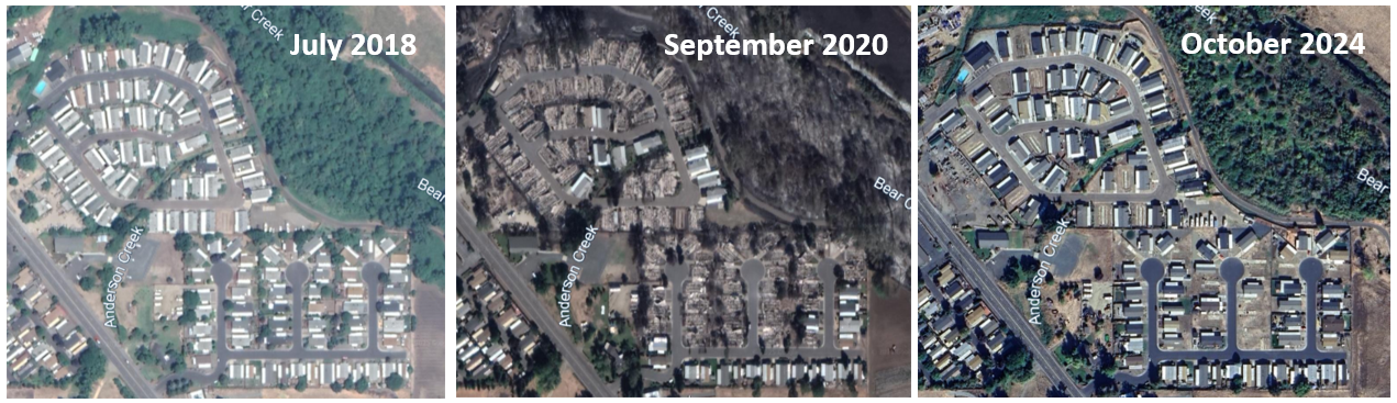Google Earth images show a Jackson County neighborhood before the fires, just after them, and recovered a few years later.