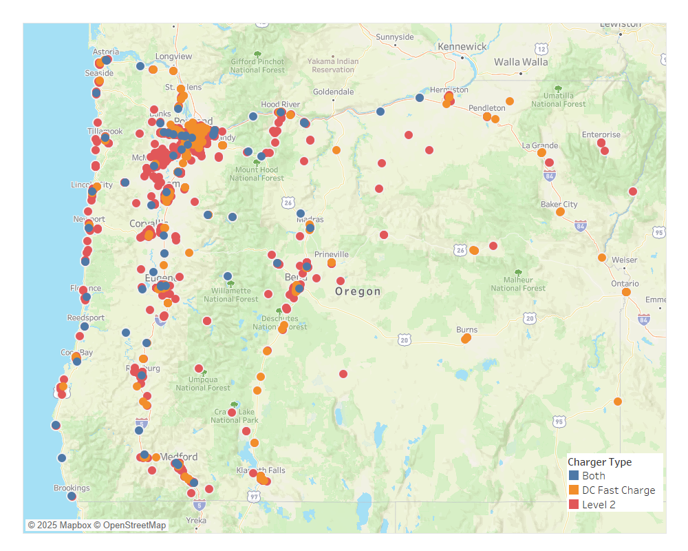 Most chargers are located in Portland and along the main highway corridors. Some scattered locations are shown throughout the eastern half of the state.