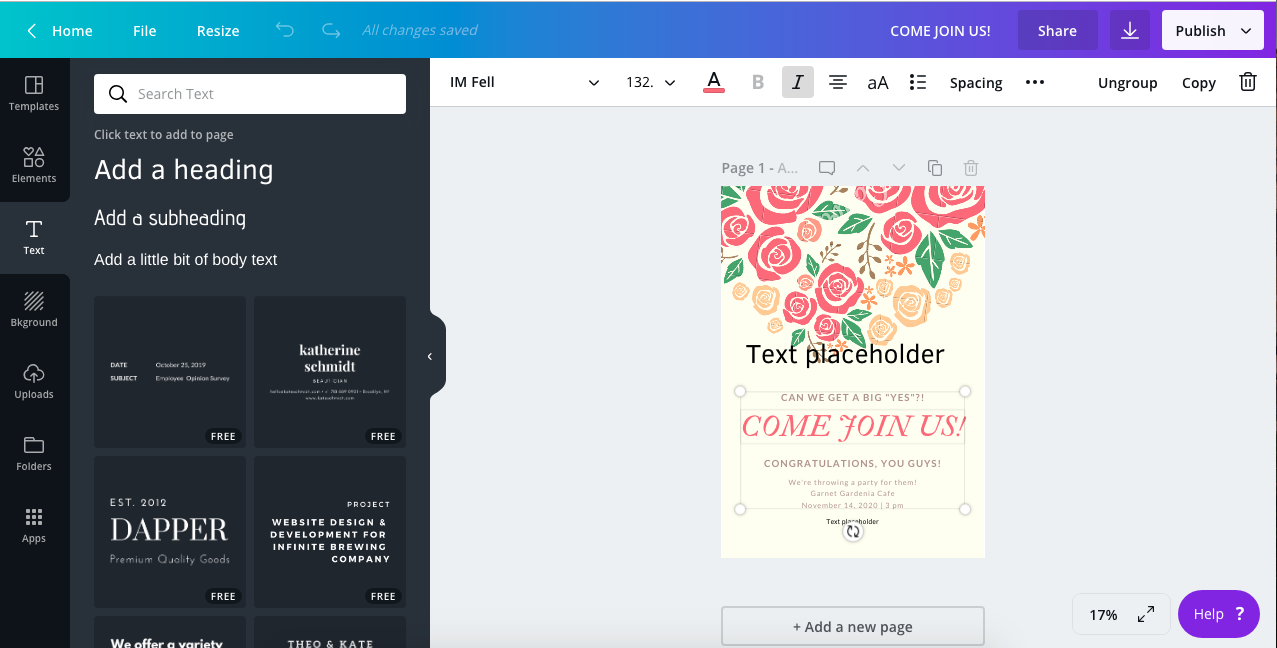 4. Using Canva by gafra.org. Here you can change the text by choosing the font from the samples on the left.