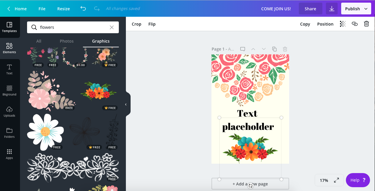 5. Using Canva by gafra.org. On the left type in flowers in the search area and place different flower designs on your printable .